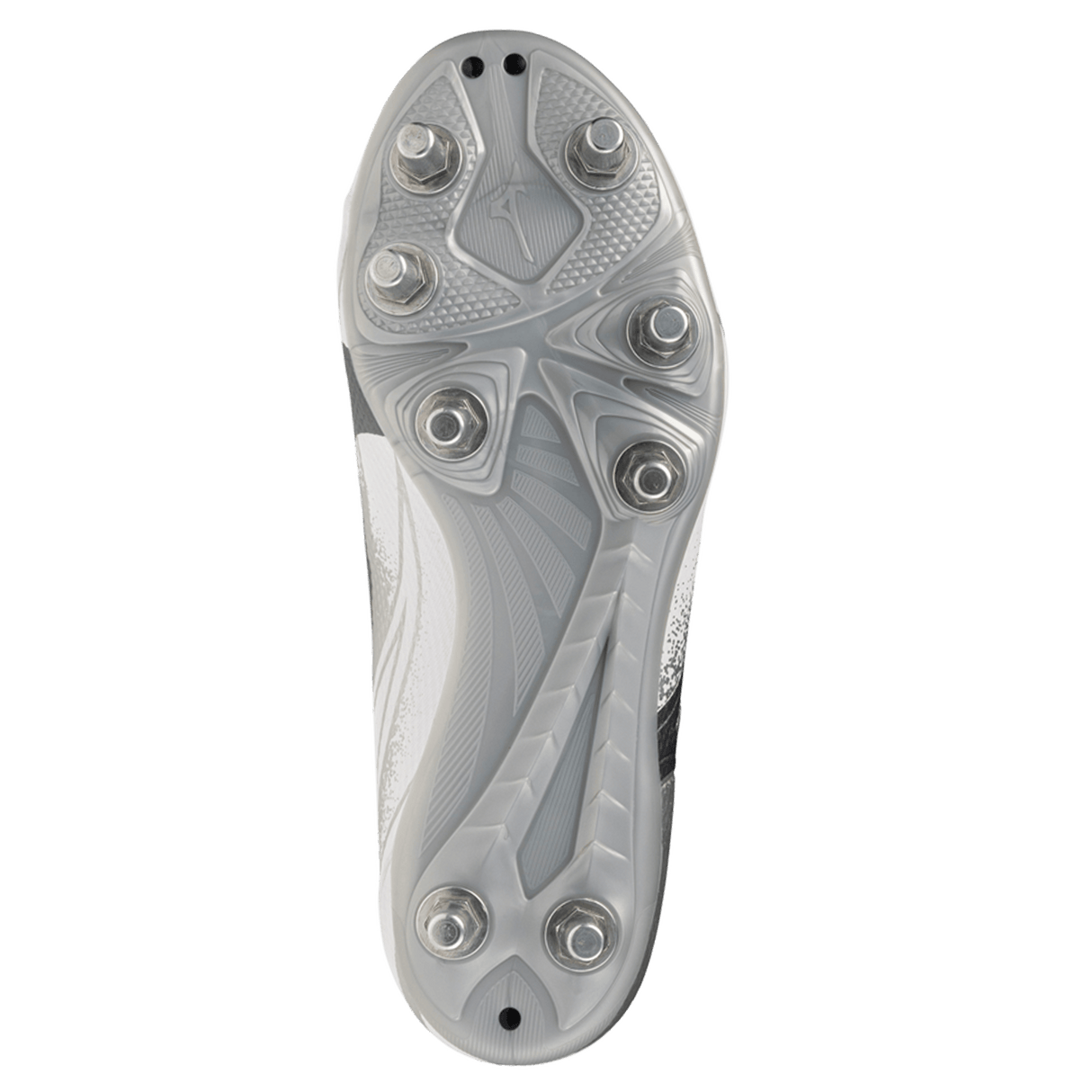 A close-up of the sole of the Mizuno Waitangi Pro SG Wide Fit rugby boot in White/Metalic Gray, showing eight metal studs for traction and textured gray and white patterns.