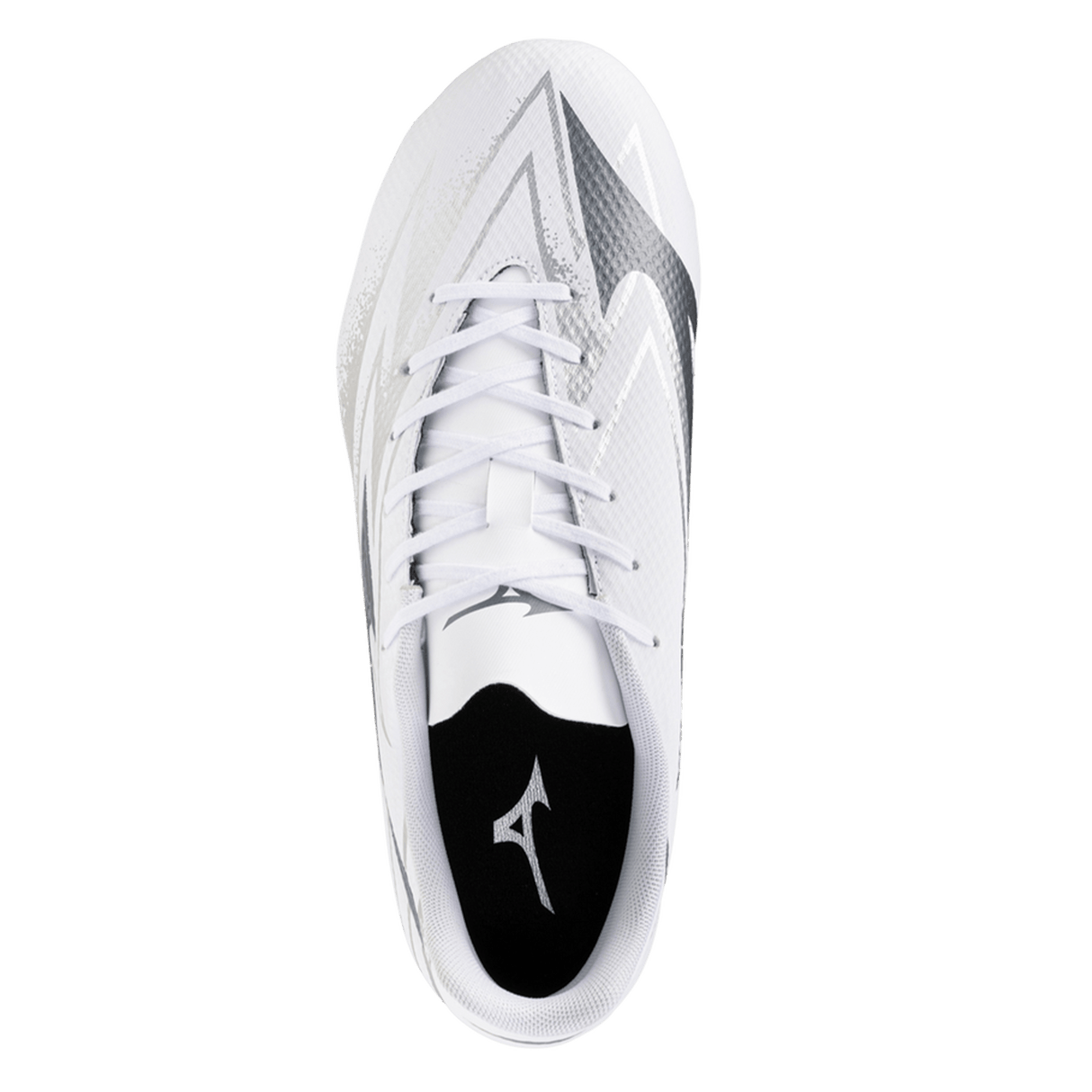 Top view of the Mizuno Waitangi Pro SG Wide Fit rugby boot in white and metallic gray, featuring a lace-up design and branded insole—designed for comfort on soft ground rugby pitches.