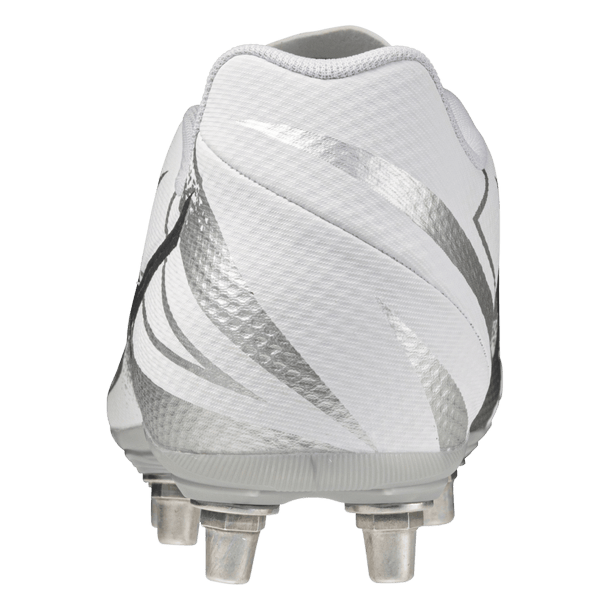 Rear view of the Mizuno Waitangi Pro SG Wide Fit soccer cleat in white/metallic gray with silver stripes and four metal studs, designed for a wide fit.