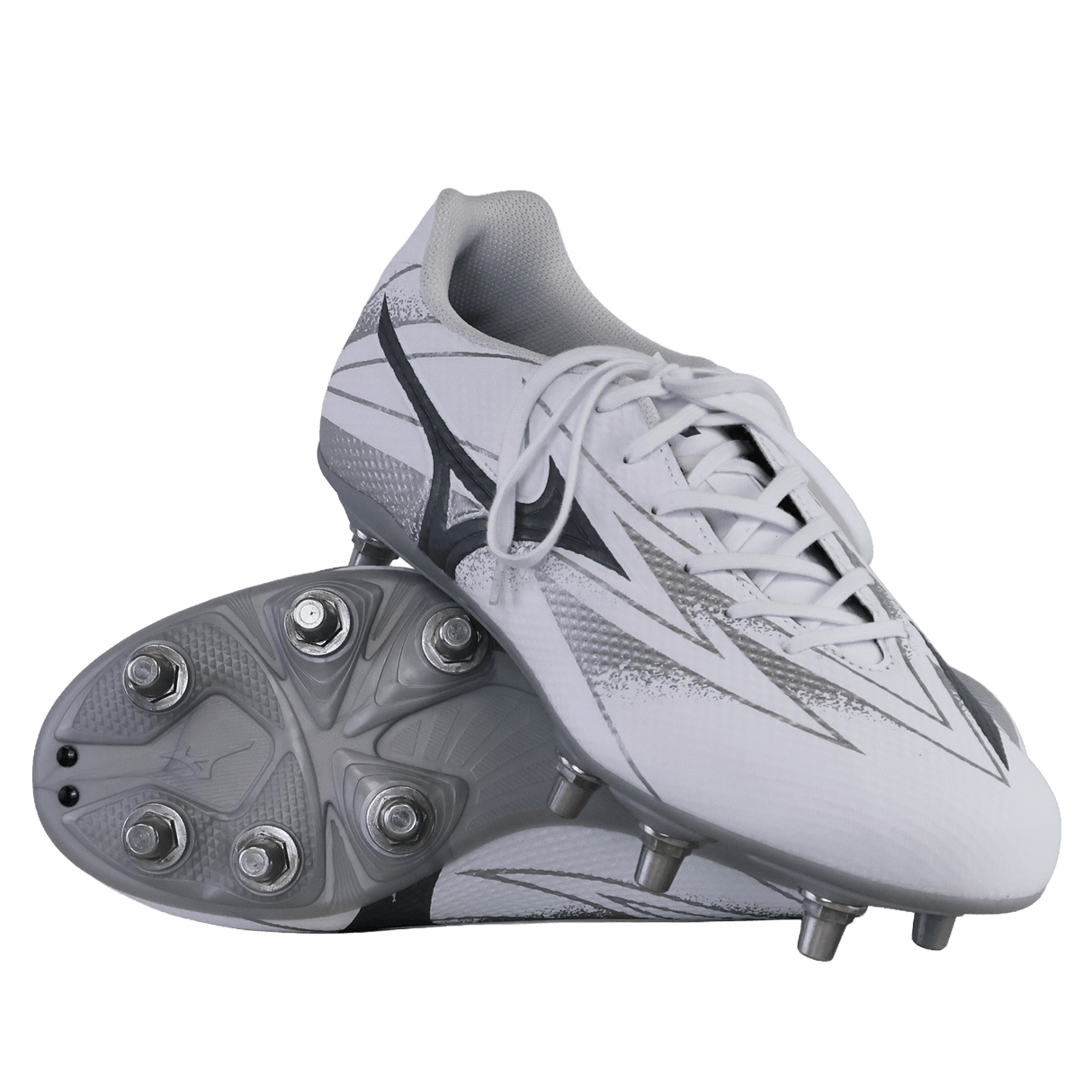 The Mizuno Waitangi Pro SG Wide Fit rugby boots in White/Metalic Gray feature metal studs and a wide fit for comfort and stability on soft ground—ideal for players seeking performance from the trusted brand, Mizuno.