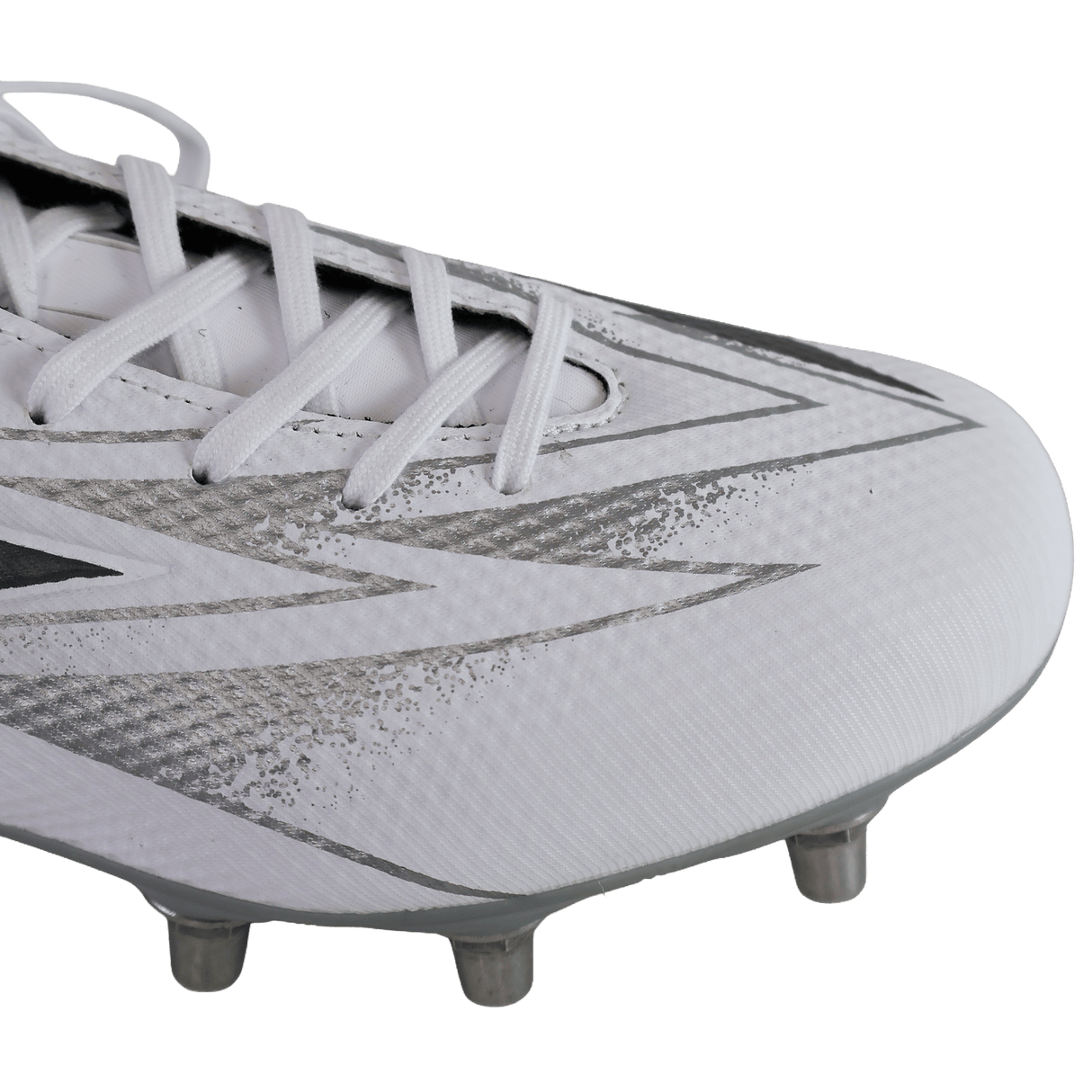 Close-up of the Mizuno Waitangi Pro SG Wide Fit rugby boot by Mizuno in White/Metalic Gray, highlighting the laces and metal studs on the sole.