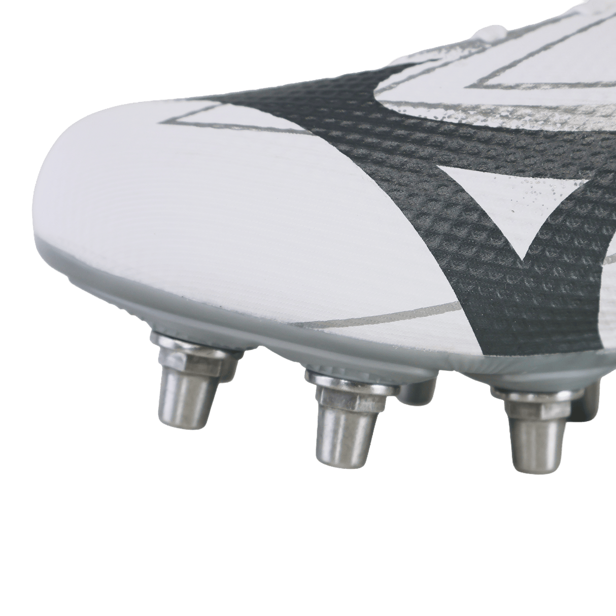 Close-up of the toe area of the Mizuno Waitangi Pro SG Wide Fit rugby boot in white and metallic gray, featuring metal studs on the sole—ideal for players seeking comfort in soft ground boots from Mizuno.