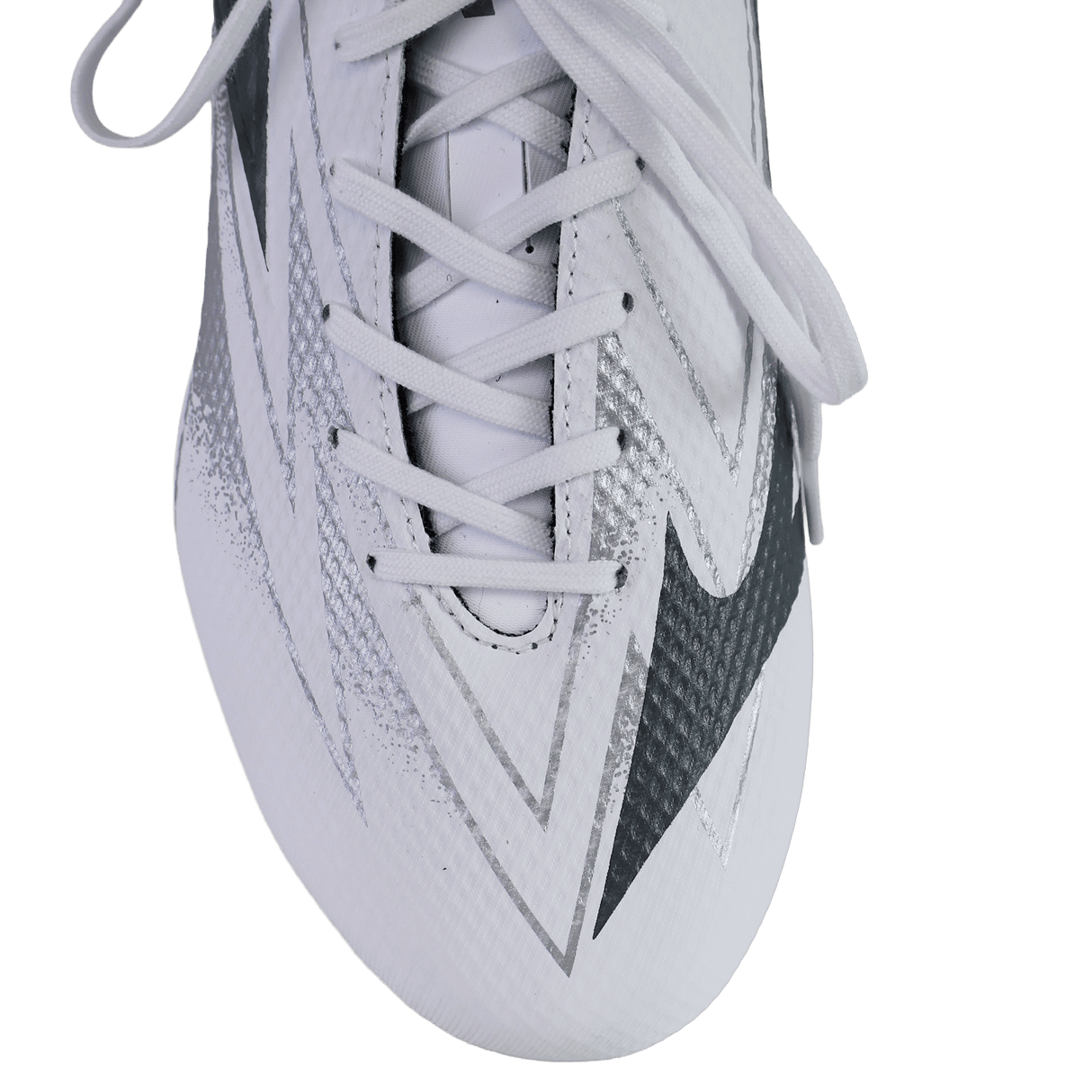 Close-up of the toe and laces on the Mizuno Waitangi Pro SG Wide Fit rugby boot in white and metallic gray, featuring black and silver zigzag patterns on the upper.