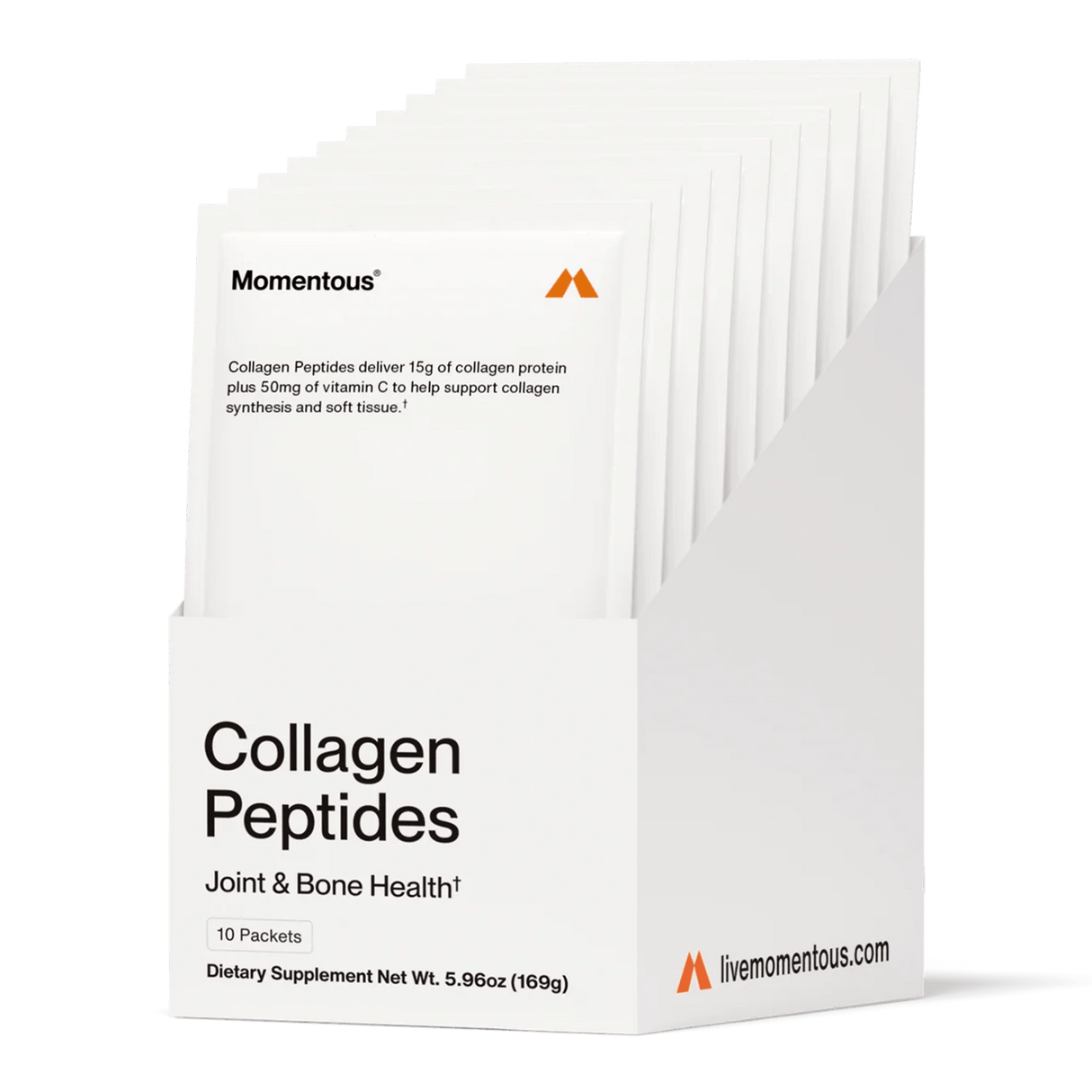 A white box of Momentous COLLAGEN PEPTIDES 10-Pack Travel Pouches, designed for rugby recovery and joint health, contains 10 convenient dietary supplement packets.