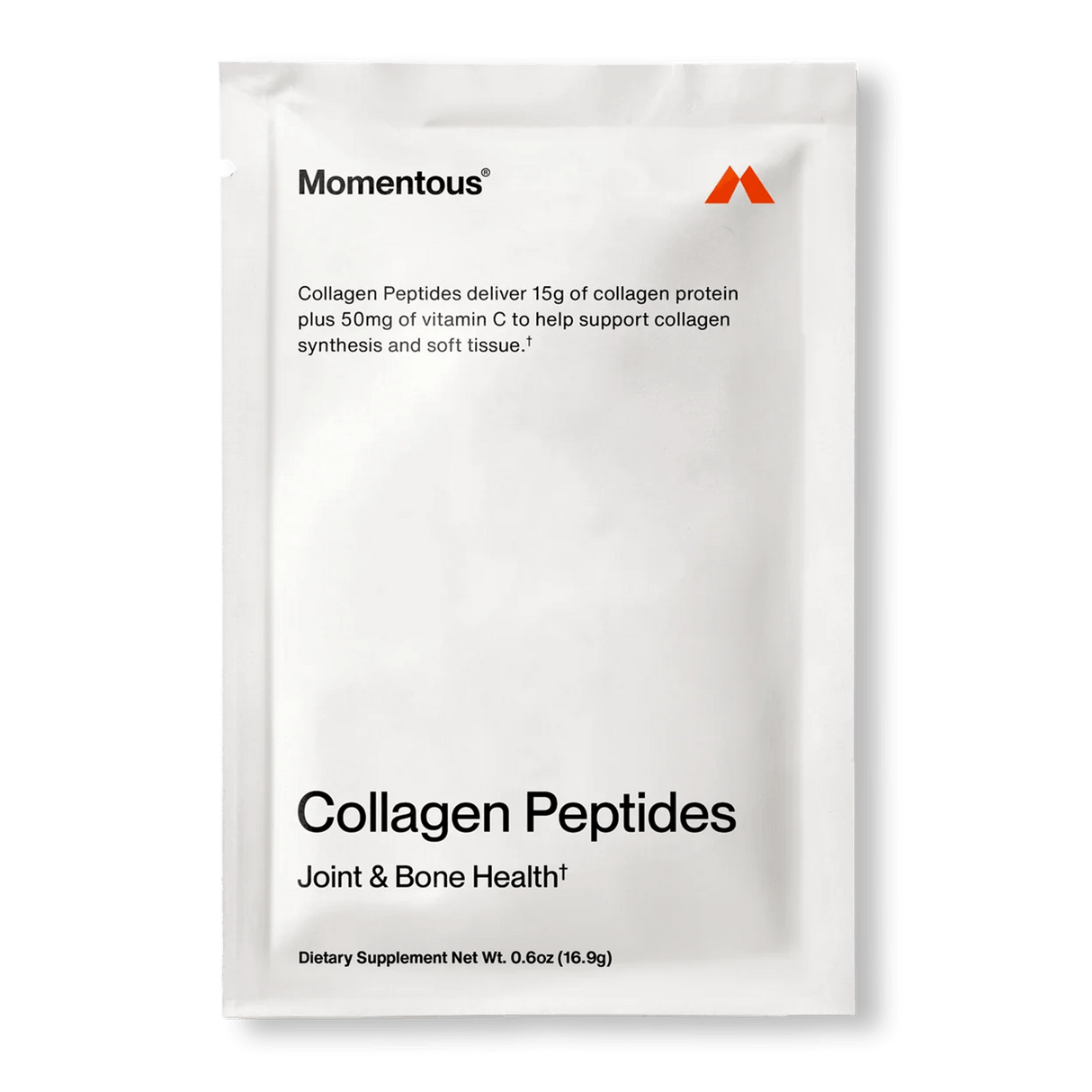 A 10-pack of white Momentous COLLAGEN PEPTIDES travel pouches for joint and bone support, each with 15g collagen peptides and 50mg vitamin C—an ideal dietary supplement for rugby recovery.