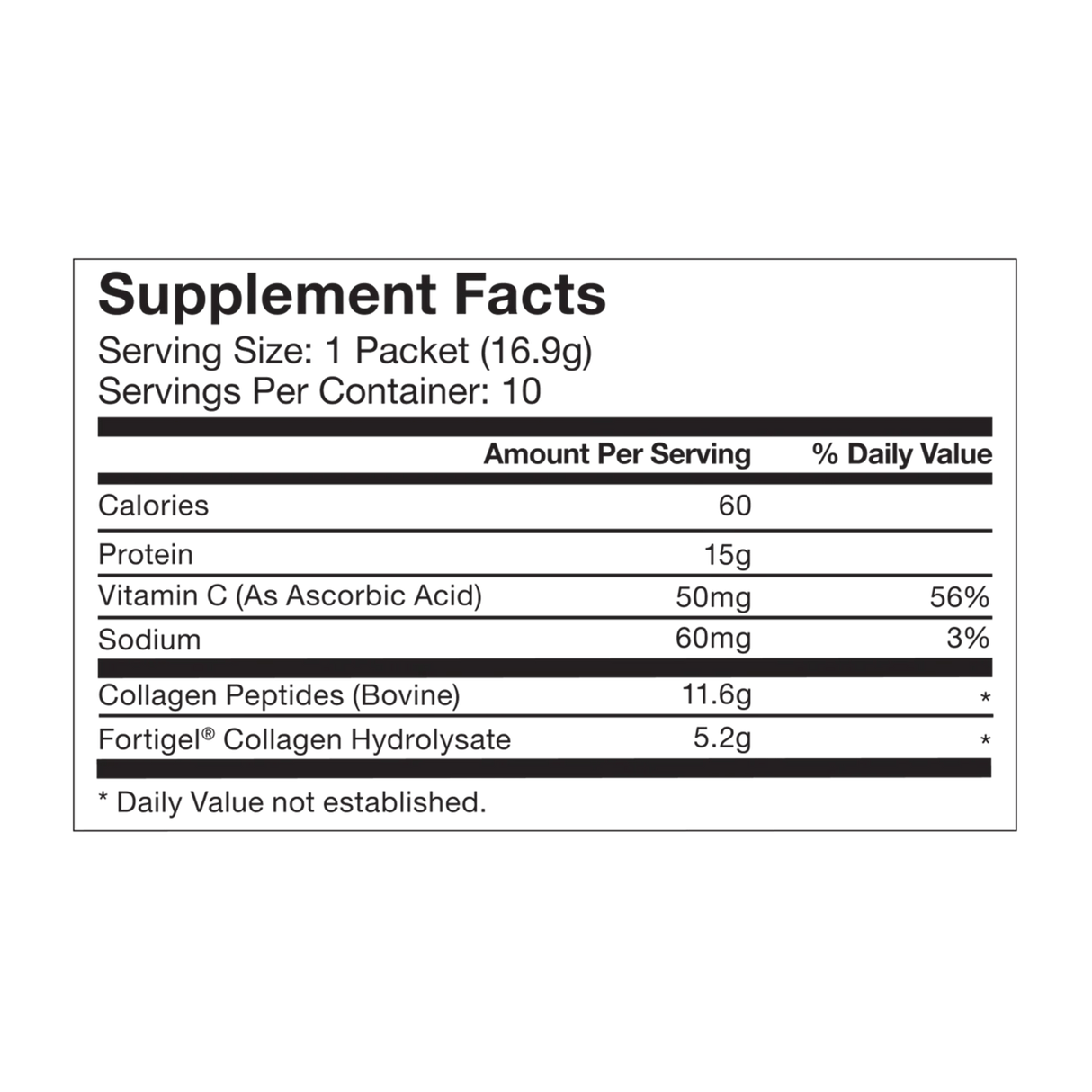 Momentous COLLAGEN PEPTIDES 10-Pack Travel Pouches supplement facts label includes serving size, servings per container, calories, protein, vitamin C, sodium, and collagen peptides amounts for joint health and rugby recovery per serving.