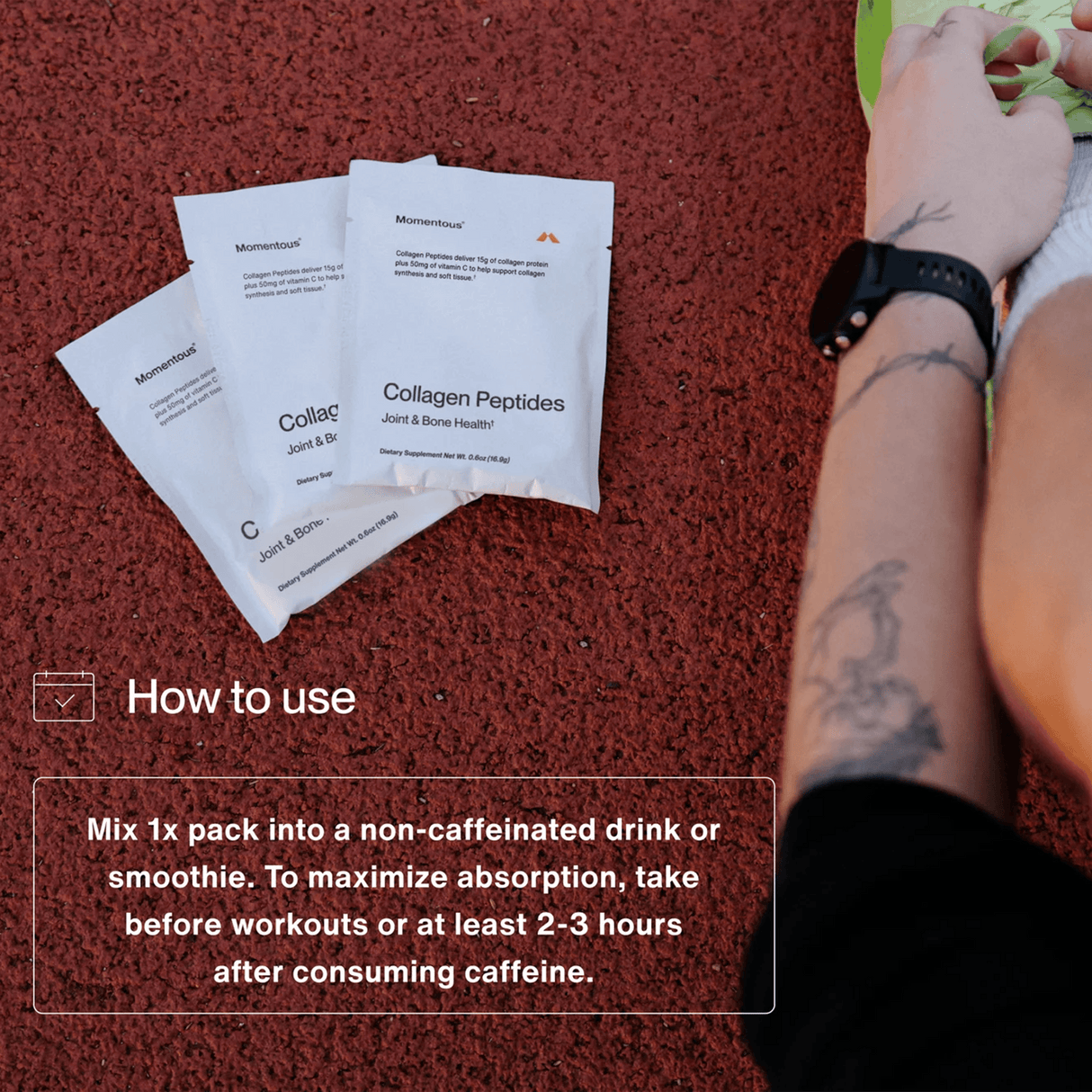 Three Momentous COLLAGEN PEPTIDES 10-Pack Travel Pouches on a red track beside someone tying a green shoe, showcasing benefits for rugby recovery and joint health, with usage instructions shown in a white text box.