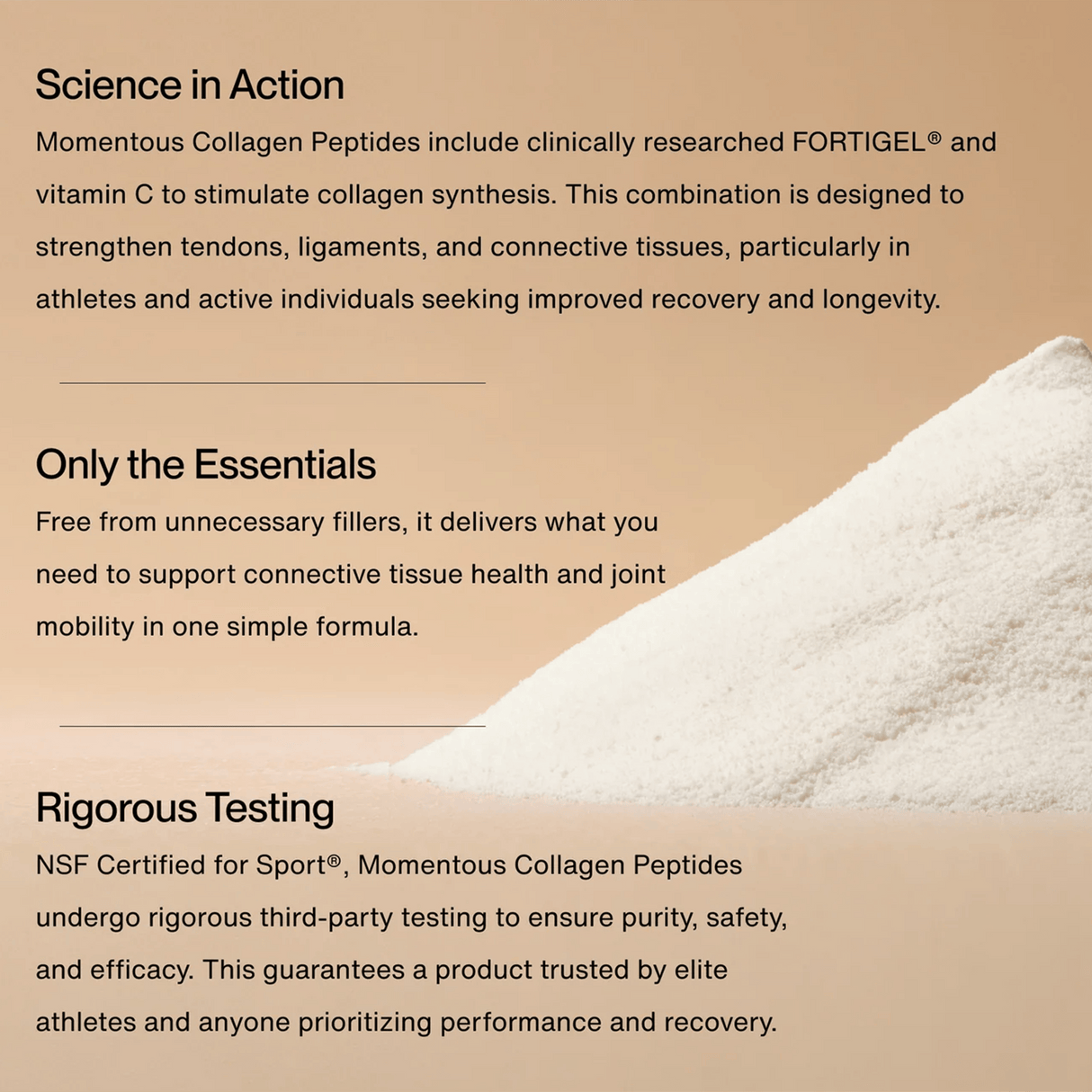 A mound of Momentous COLLAGEN PEPTIDES 10-Pack Travel Pouches powder on a beige background, with text highlighting joint health support, pure ingredients, and third-party safety testing—ideal for rugby recovery.