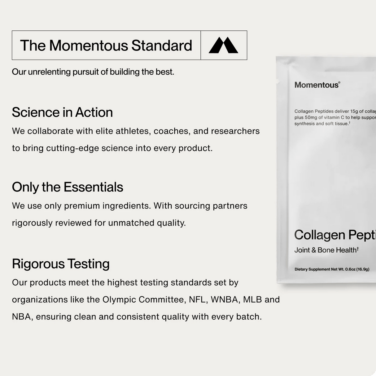 Developed with expert input, Momentous COLLAGEN PEPTIDES 10-Pack Travel Pouches support joint health and rugby recovery. Each batch is crafted with carefully selected ingredients and rigorously tested for premium quality and effectiveness.