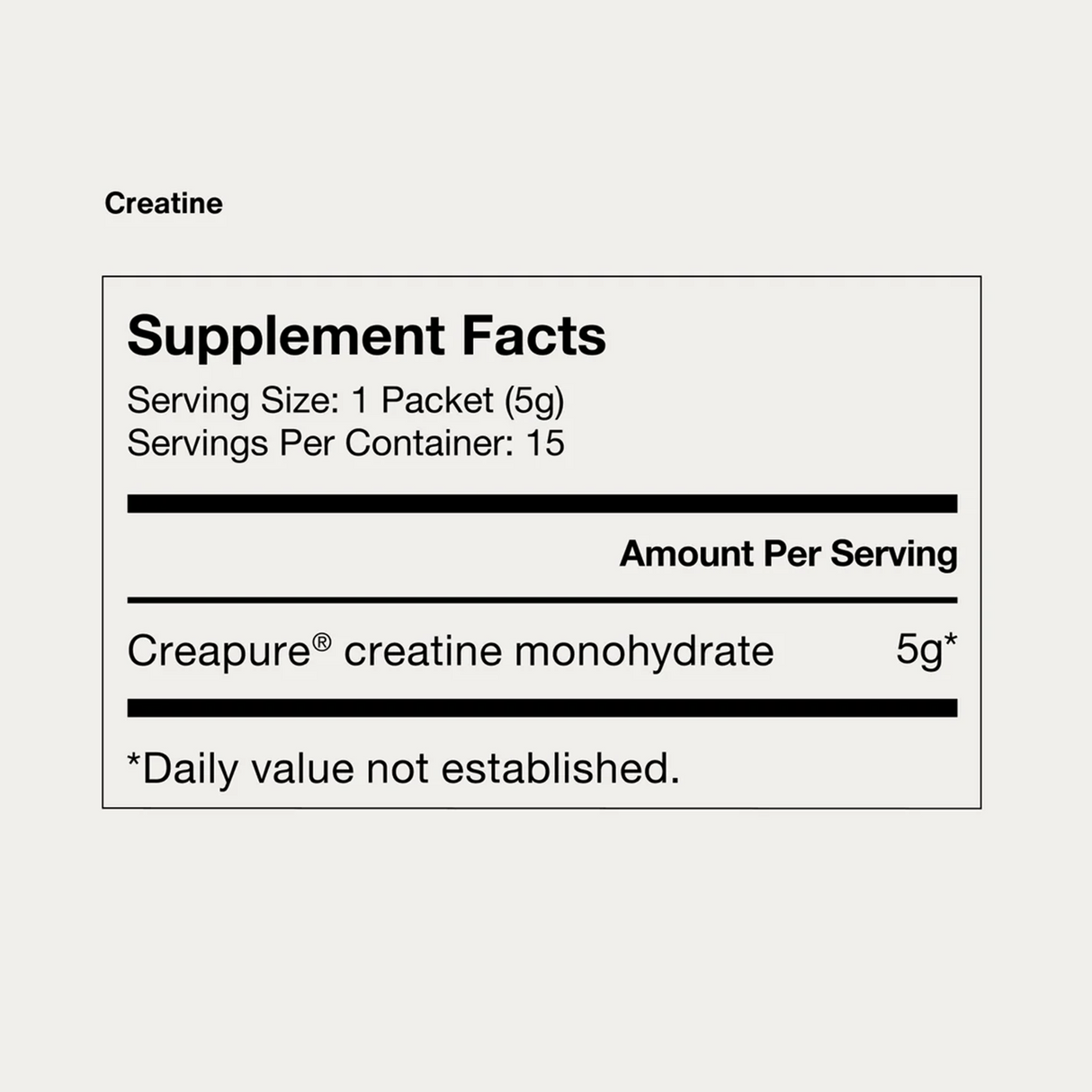 Supplement facts label for Momentous CREATINE - CREAPURE - Unflavored 15 Travel Packs by Momentous: 5g creatine monohydrate per serving, 15 servings per container; daily value not established.
