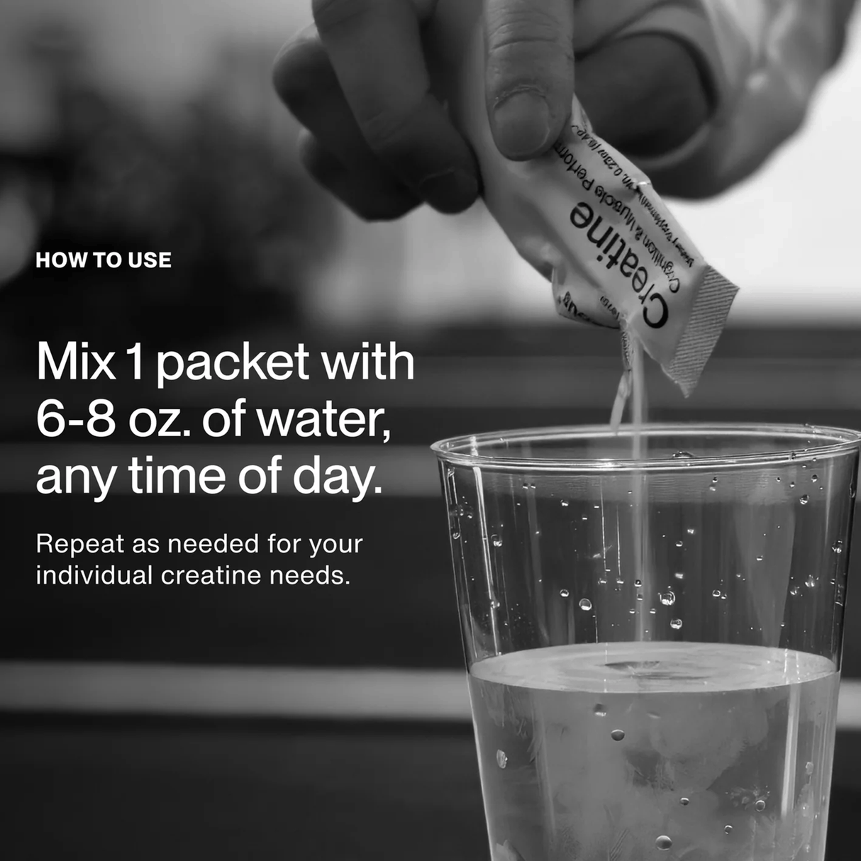 A hand pours Momentous CREATINE - CREAPURE - Unflavored from a travel pack into a glass of water, with usage instructions for the 15-pack set shown beside the image.