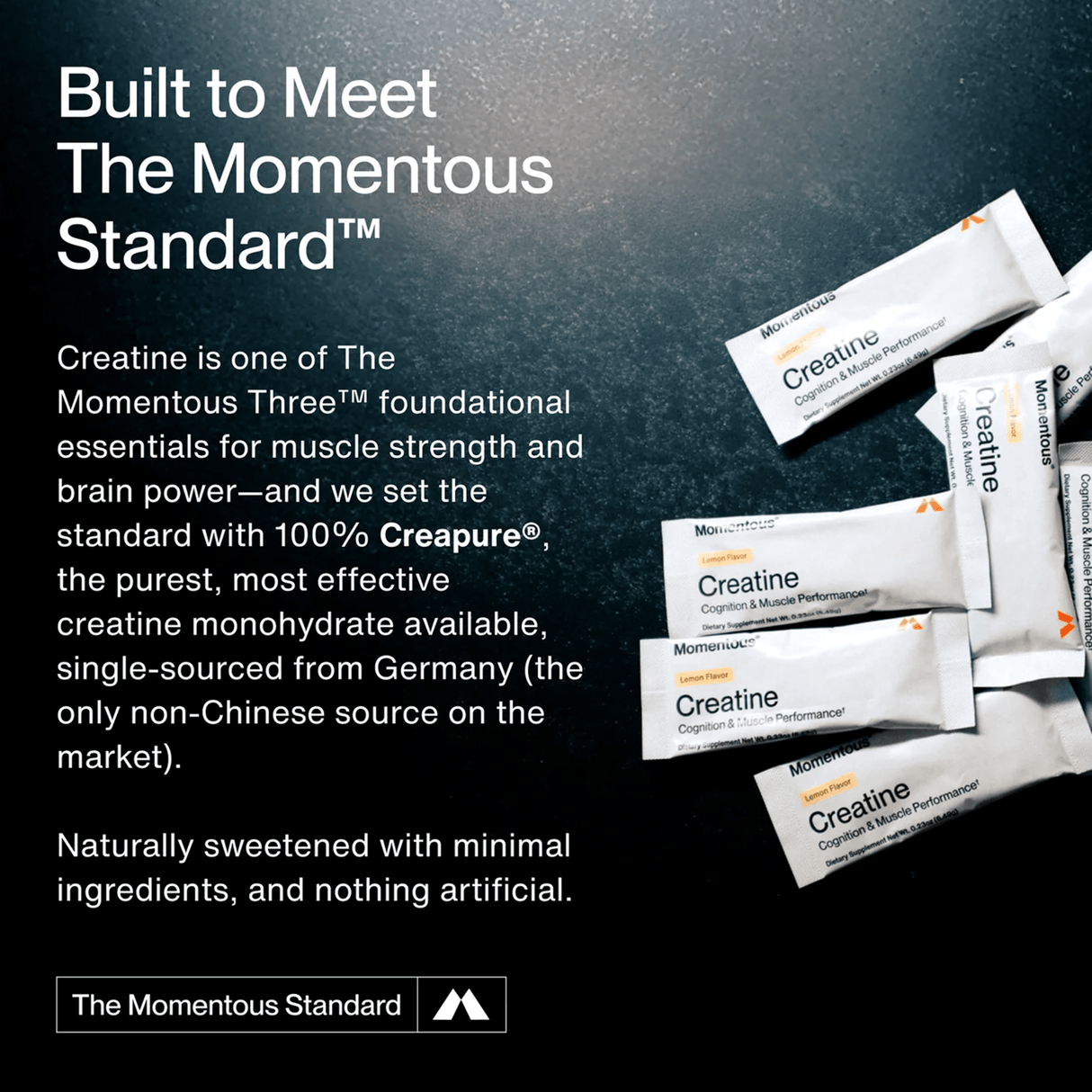 Momentous CREATINE - CREAPURE - Unflavored 15 Travel Packs are shown on a dark surface, featuring pure Creapure creatine monohydrate and natural ingredients—perfectly portioned by Momentous for convenient travel use.