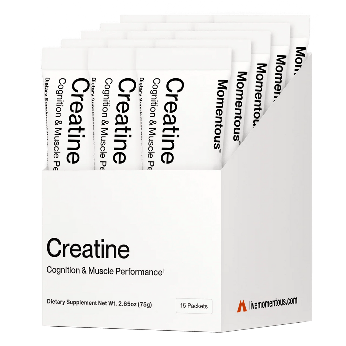 Box of Momentous CREATINE - CREAPURE - Unflavored 15 Travel Packs by Momentous, labeled "Cognition & Muscle Performance" with 15 Creapure packets, net weight 2.65oz (75g).