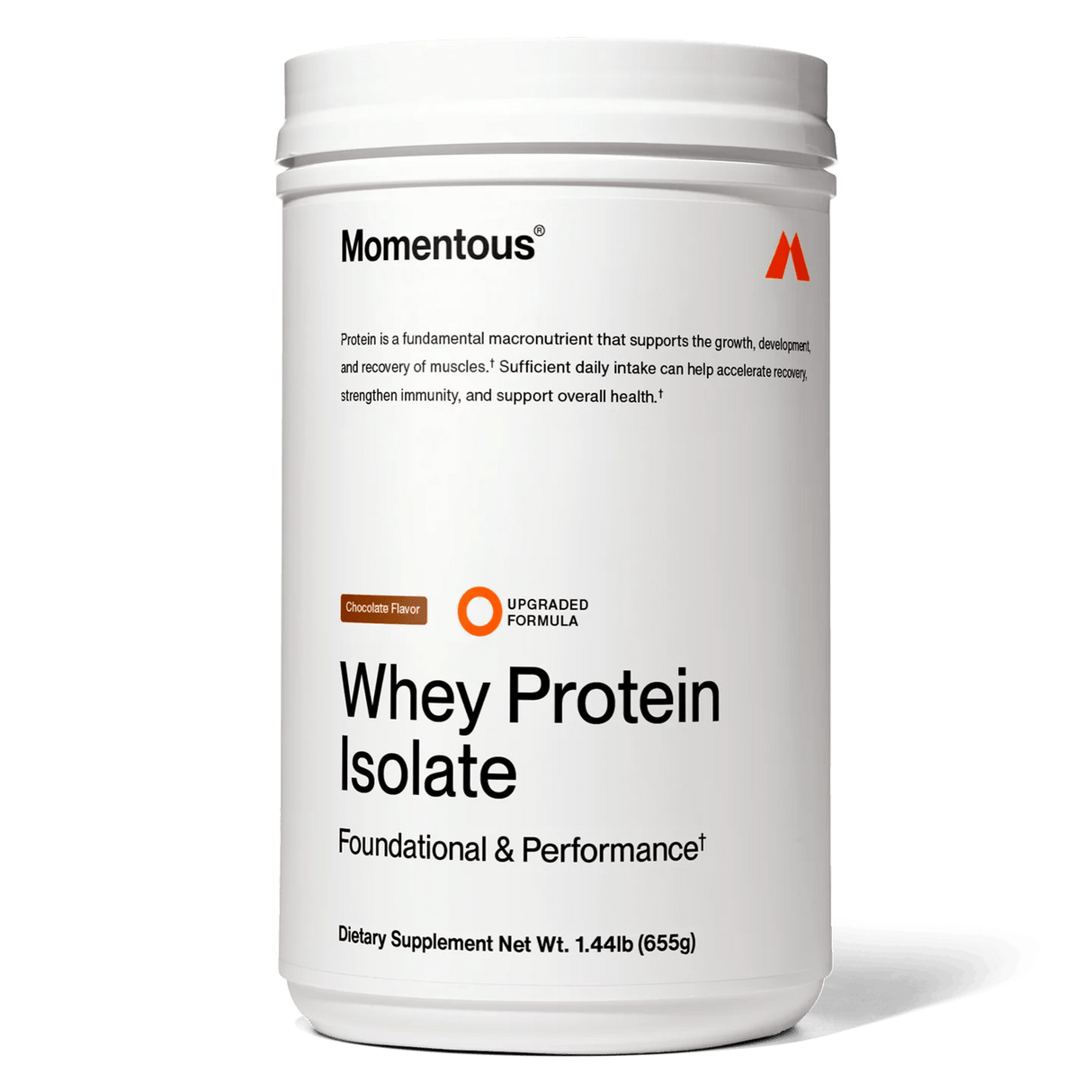 A white container labeled "Momentous Grass Fed Whey - Chocolate, 25 Servings per Tub" by Momentous emphasizes grass fed whey and recovery benefits, with a net weight of 1.44 lb (655g).