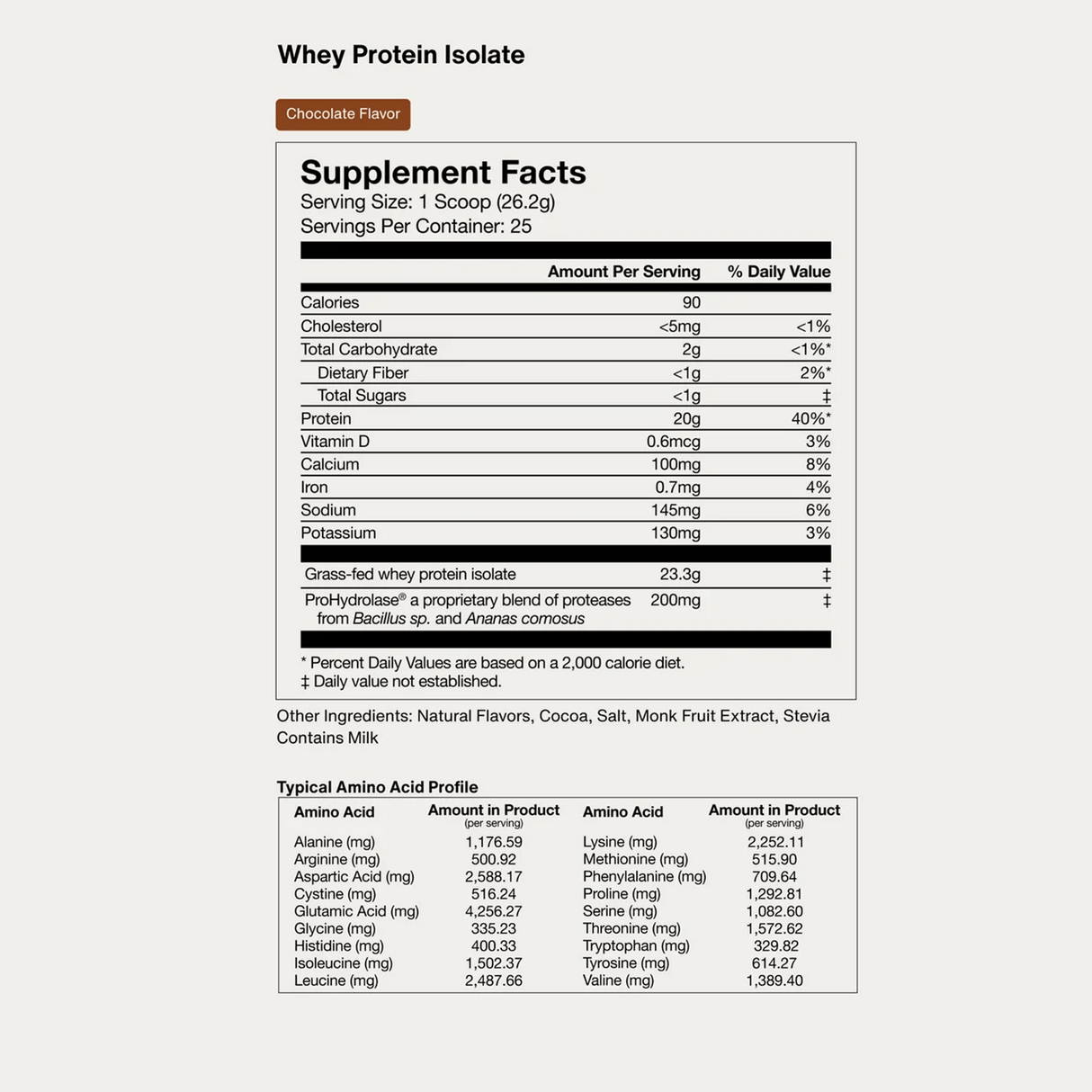 Momentous Grass Fed Whey – Chocolate supplement facts label shows nutrition details, ingredients, amino acid profile, and serving info for a 25g scoop—supporting optimal protein recovery. 25 servings per tub. Brand: Momentous.