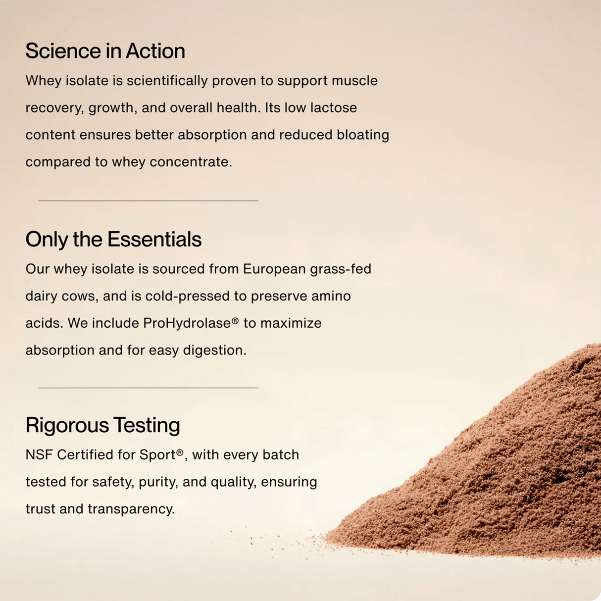 Momentous Grass Fed Whey - Chocolate (25 servings) by Momentous, shown on a light surface, features key ingredients and rigorous testing standards for optimal protein recovery, with text highlighting its scientific benefits.