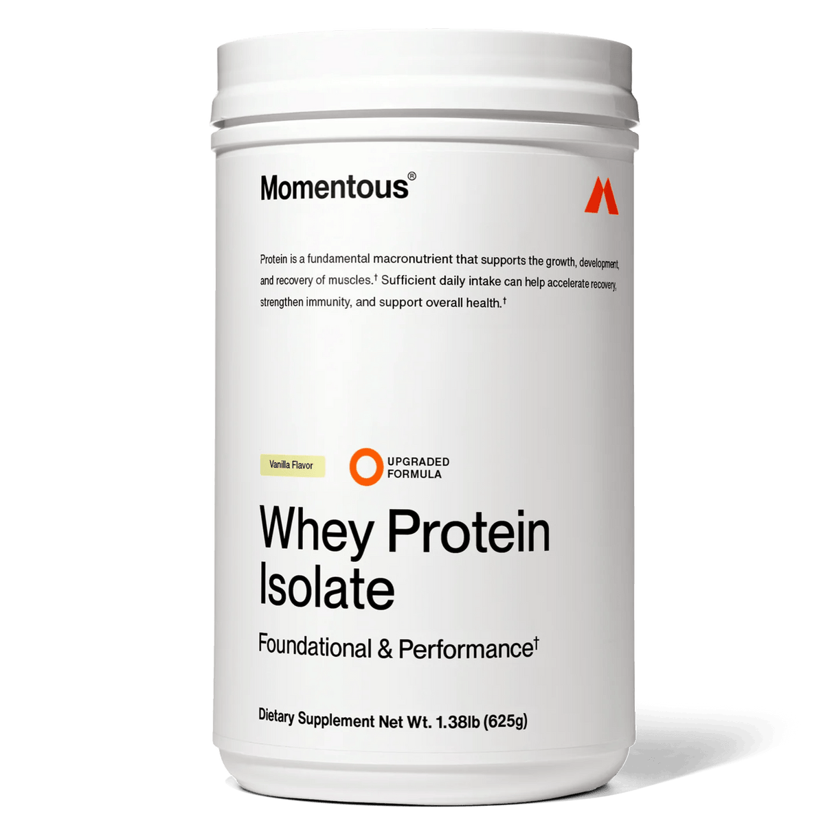 A white tub of Momentous Grass Fed Whey - Vanilla (25 servings) from Momentous, displaying product and nutrition details on its label for optimal protein recovery.