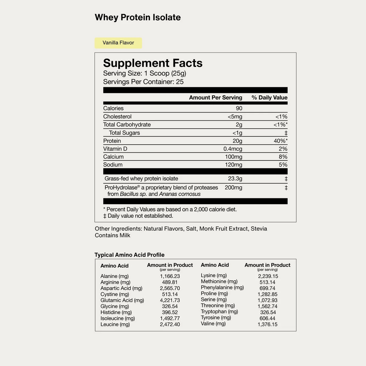 Momentous Grass Fed Whey - Vanilla Supplement Facts label shows nutritional values per serving and a detailed amino acid profile for optimal protein recovery. 25 servings per tub. Brand: Momentous.