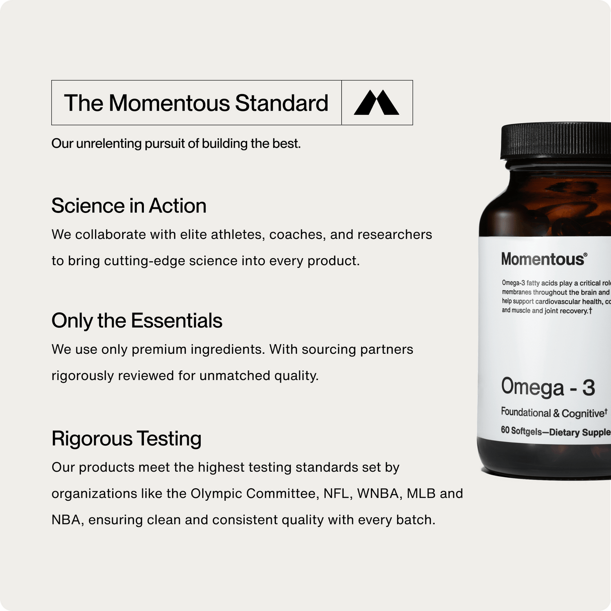 Image of Momentous Omega-3 supplement bottle with text highlighting Momentous’s commitment to science, premium ingredients, and rigorous testing for brain and heart health support with high-quality EPA and DHA.