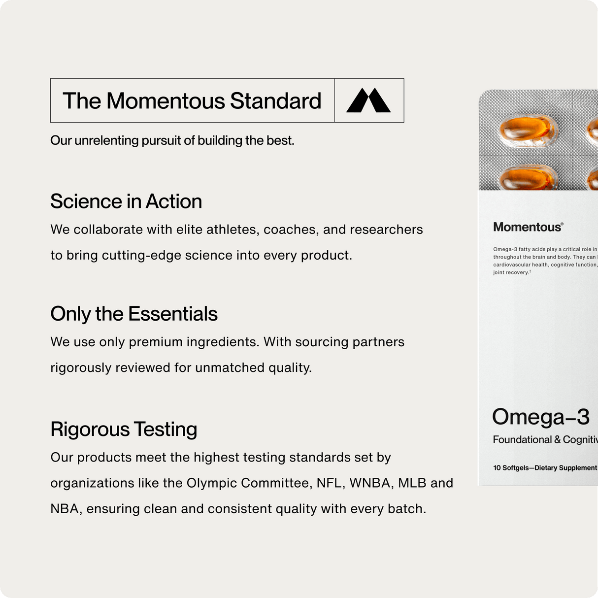 Informational graphic about Momentous Omega-3 Travel Packs, showcasing quality standards, scientific collaboration, cardiovascular health support, and rigorous testing. Includes a partial image of the convenient supplement travel packs.