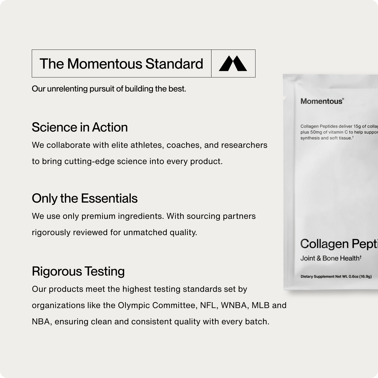 A marketing graphic for Momentous Collagen Peptides 10-Travel Packs, emphasizing science-based formulation, elite athlete collaboration, essential ingredients for joint health, rigorous batch testing, and featuring the product image.