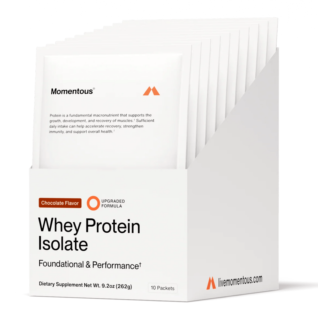 A white carton of Momentous Grass Fed Whey Travel Packs—Chocolate, containing 10 packets, stands upright with front-facing product info, ideal for Rugby Recovery.
