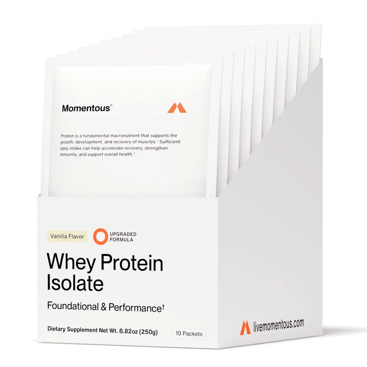 A white box of Momentous Grass Fed Whey Travel Packs - Vanilla contains 10 packets per carton, branded by Momentous, as a foundational and performance dietary supplement.