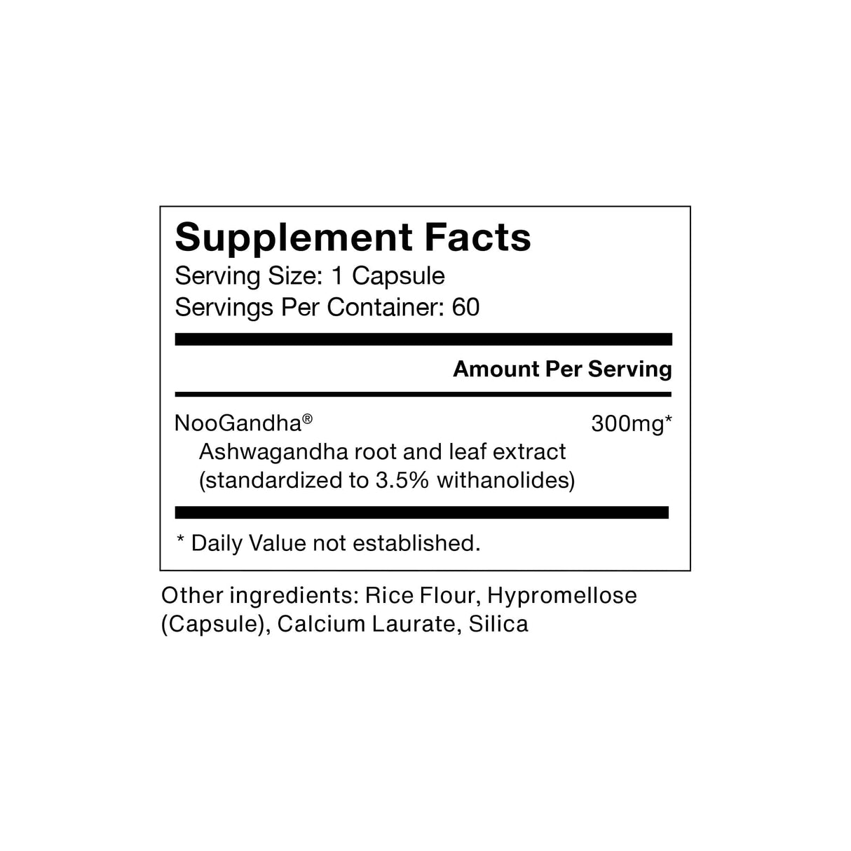 Momentous Ashwagandha by Momentous features a Supplement Facts label with 1 capsule per serving, 60 servings per container, and 300mg Ashwagandha extract to support stress management and cognitive performance, plus other listed ingredients.