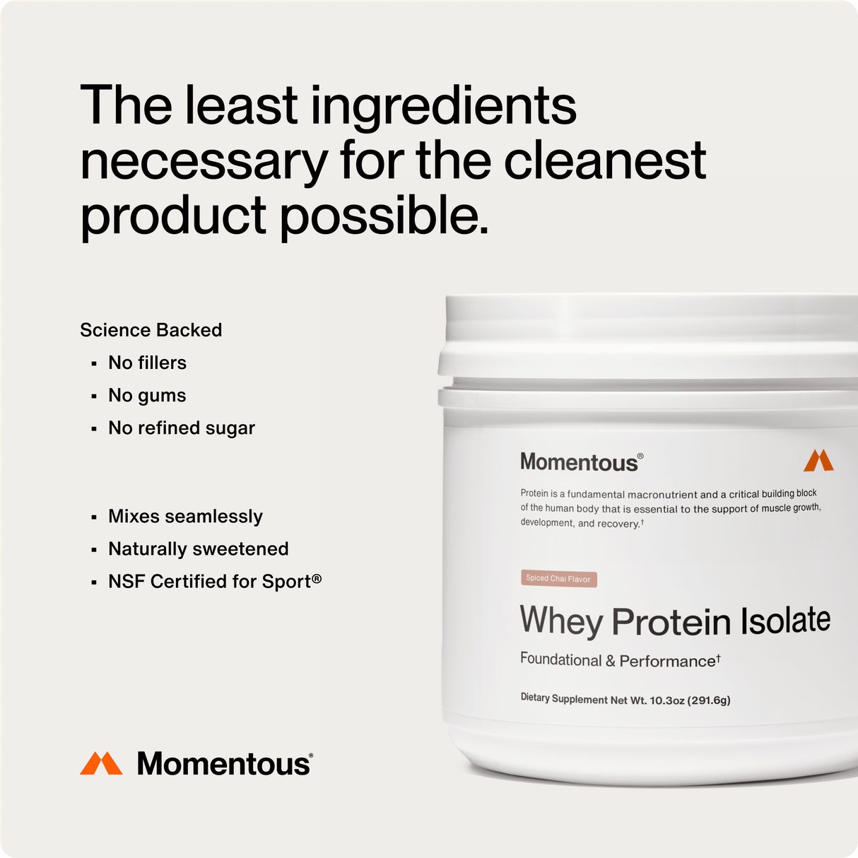A container of Momentous Whey Protein Isolate - Limited Edition by Momentous features minimal ingredients, science backing, natural sweeteners, and NSF Certified for Sport status—ideal for muscle recovery.