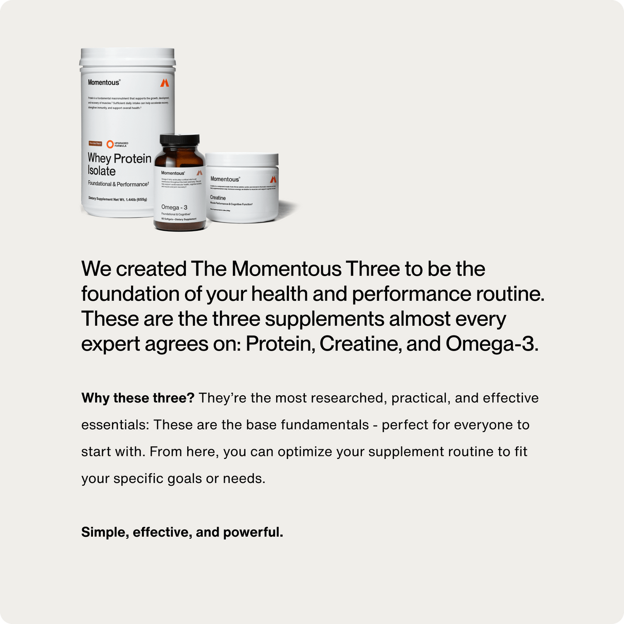The Momentous Three by Momentous—protein, creatine, and omega-3 supplements—are shown alongside text highlighting their essential role in supporting health and performance routines.