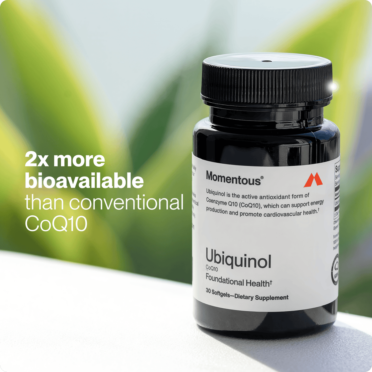 A bottle of Momentous Ubiquinol from Momentous is displayed, emphasizing its claim of being twice as bioavailable as conventional CoQ10 to help support optimal mitochondrial function.