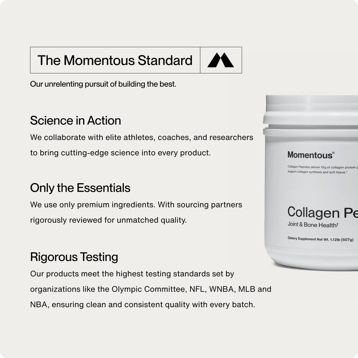 Momentous Collagen Peptides, from Momentous, highlights expert collaboration, premium ingredients, and rigorous quality testing—supporting joint health and skin elasticity.