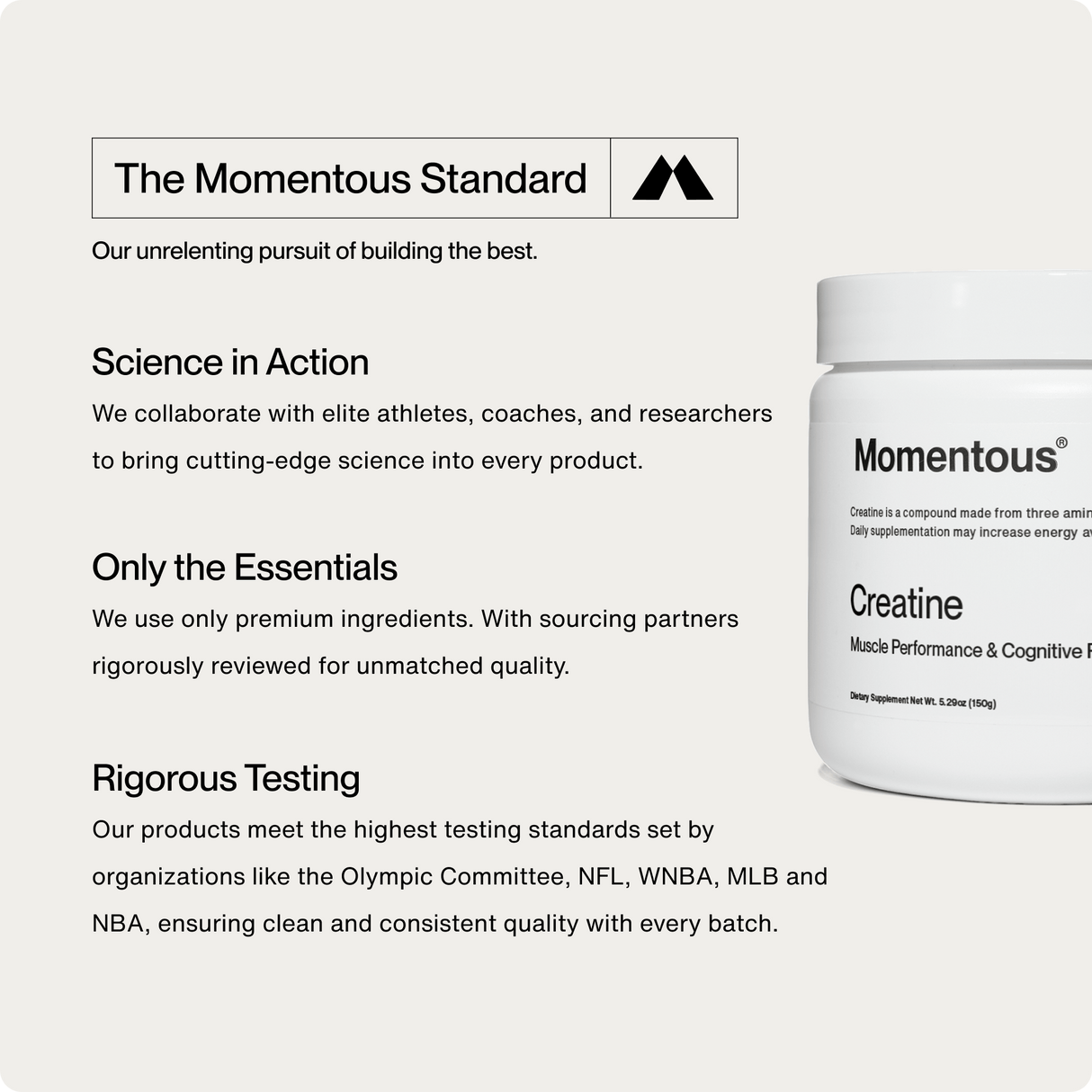 A container of The Momentous Three by Momentous is shown beside text highlighting the brand’s commitment to science, premium ingredients, and rigorous testing by leading sports organizations.