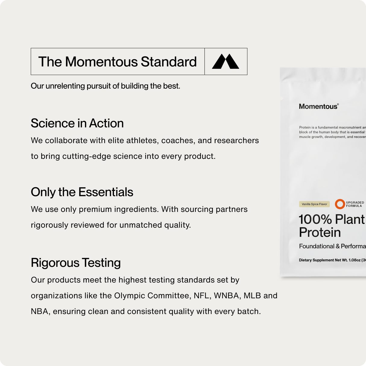 A marketing graphic for Momentous emphasizes quality, science, simplicity, and rigorous testing for muscle recovery, featuring a partial image of the Momentous 100% Plant Protein 10-Travel Packs.