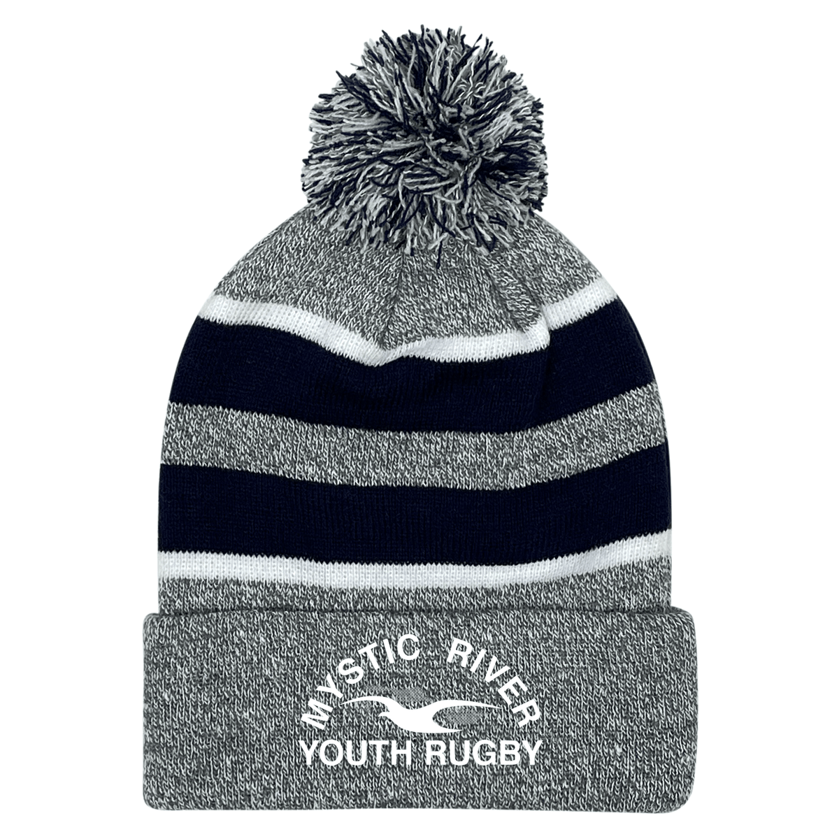 Mystic River Youth Rugby Hooped Pom-Pom Beanie by EMB Augusta with an embroidered design.