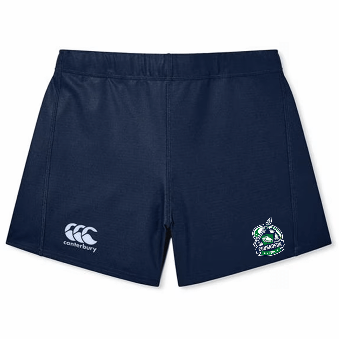 The Naperville Crusaders Women's Yokohama Short by EMB Canterbury is crafted from Vapodri fabric, featuring a navy blue design with the iconic Canterbury logo on the left and a team emblem on the right for enhanced comfort.