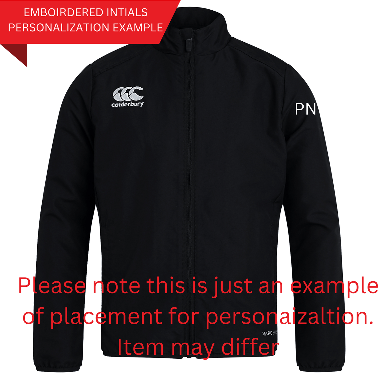 The SUNY Maritime Club Track Jacket by EMB Canterbury is a lightweight, water-repellent black jacket with embroidered initials "PN" on the chest, perfect for personalization and combining style with function.