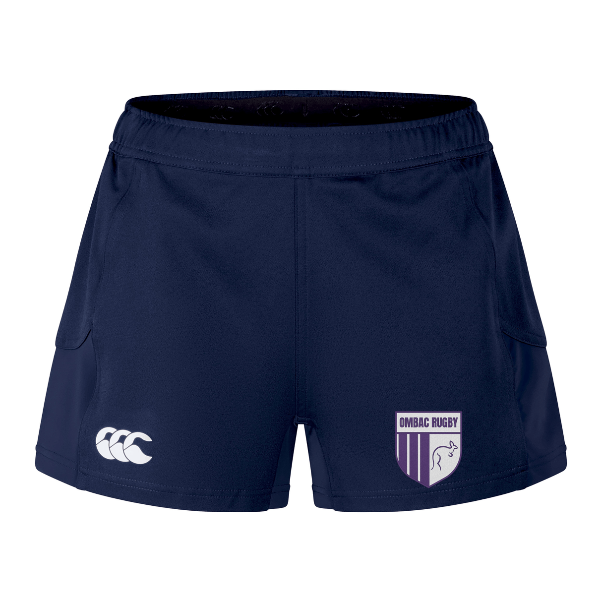 The OMBAC Rugby Women's Advantage Short 2.0 by EMB Canterbury are navy blue rugby shorts, showcasing the OMBAC Rugby logo on the right leg and the Canterbury logo on the left, made from sustainable materials for improved performance.