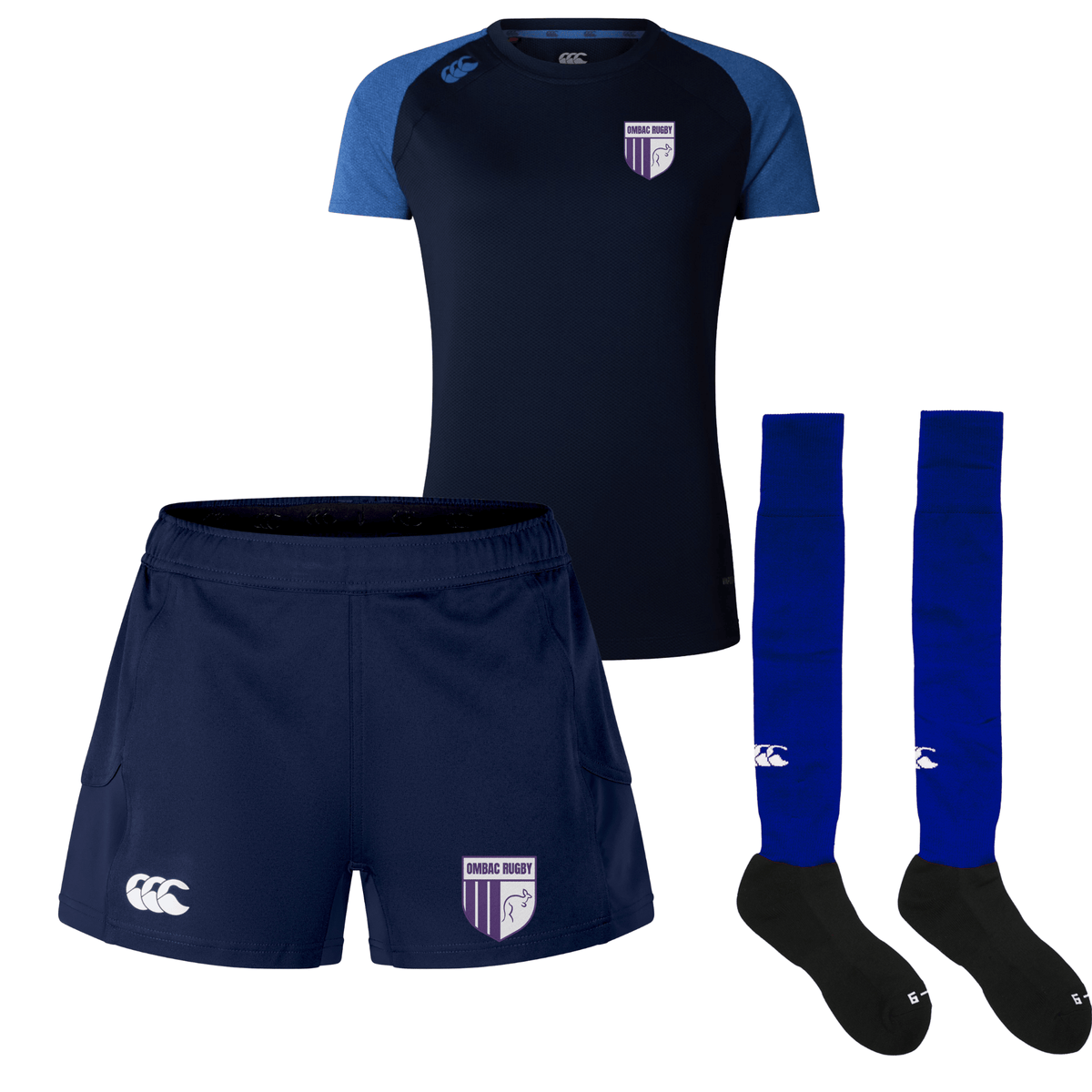 Introducing the OMBAC Women’s Match Bundle by Bundle—a navy and blue sports kit comprising a short-sleeve shirt, rugby shorts, and knee-high socks. Each piece features a distinctive white and purple shield logo with “OMEGA HOUSE” text, blending stylish design with performance and comfort tailored for women’s rugby players.