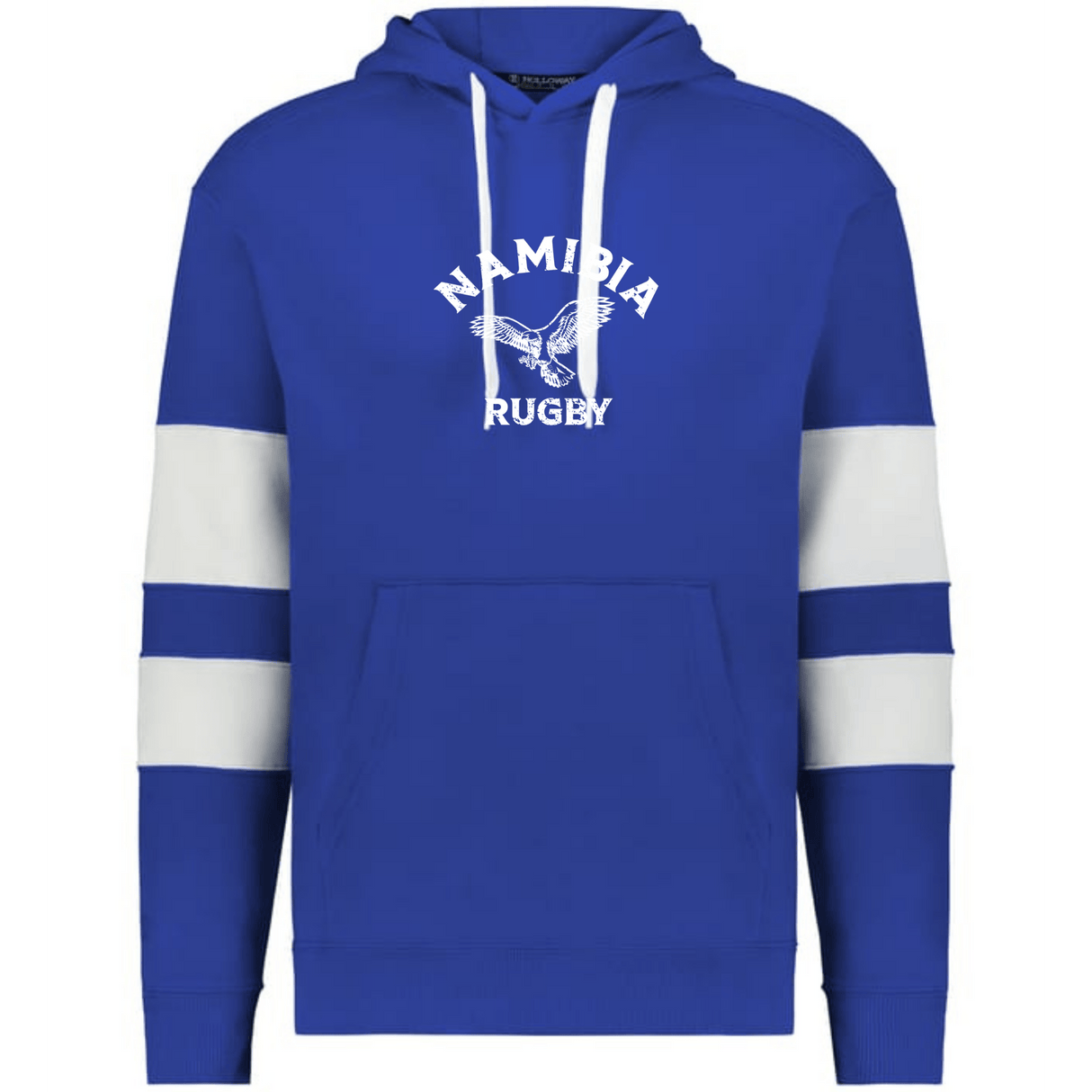 The WRS Augusta Nations of Rugby Namibia Jackson Way Hoodie is blue with white sleeve stripes, a front pocket, and "Namibia Rugby" plus an eagle graphic printed in white on the chest.