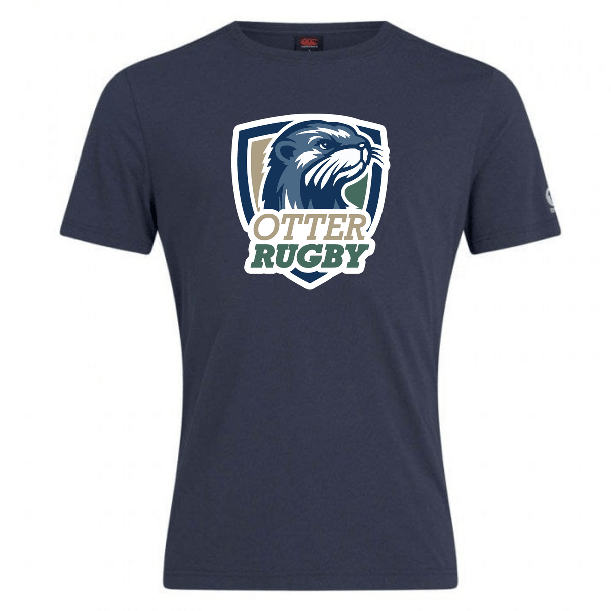 Navy blue cotton blend CSU Monterey Bay Otter Rugby Club t-shirt featuring a graphic of an otter and the words "otter rugby" in a shield design by WRS Canterbury.