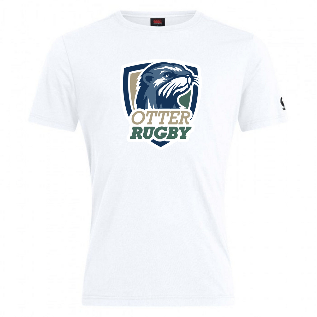 White, comfortable CSU Monterey Bay Otter Rugby Club Plain Tee by WRS Canterbury featuring an illustration of an otter's head in blue and green colors.