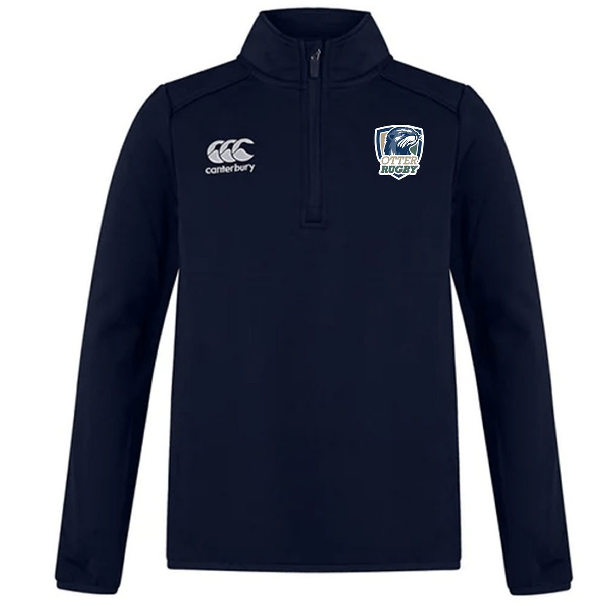 Navy blue CSU Monterey Bay Otter Rugby Club 1/4 Zip Mid Layer Training Top by EMB Canterbury with logo on the right chest and a rugby team emblem on the left chest.
