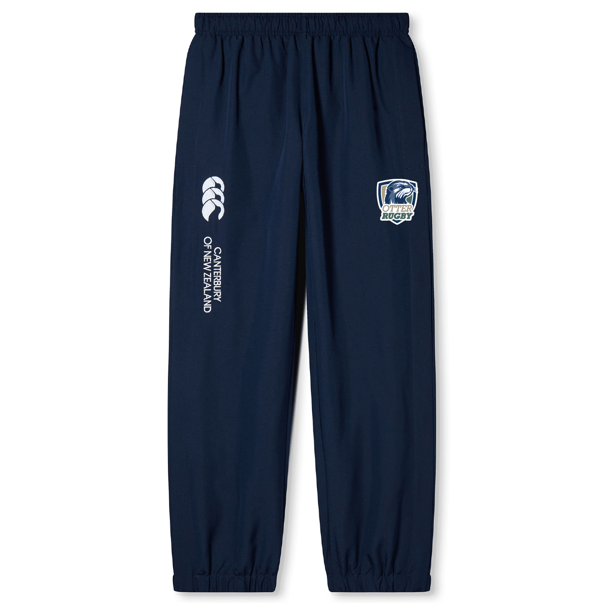 Navy blue athletic sweatpants with elastic cuffs, featuring a rugby logo and the text "EMB Canterbury" on the upper left thigh, ideal for rugby enthusiast gear. Made with CSU Monterey Bay Otter Rugby Cuffed Hem Stadium Pant by Canterbury.