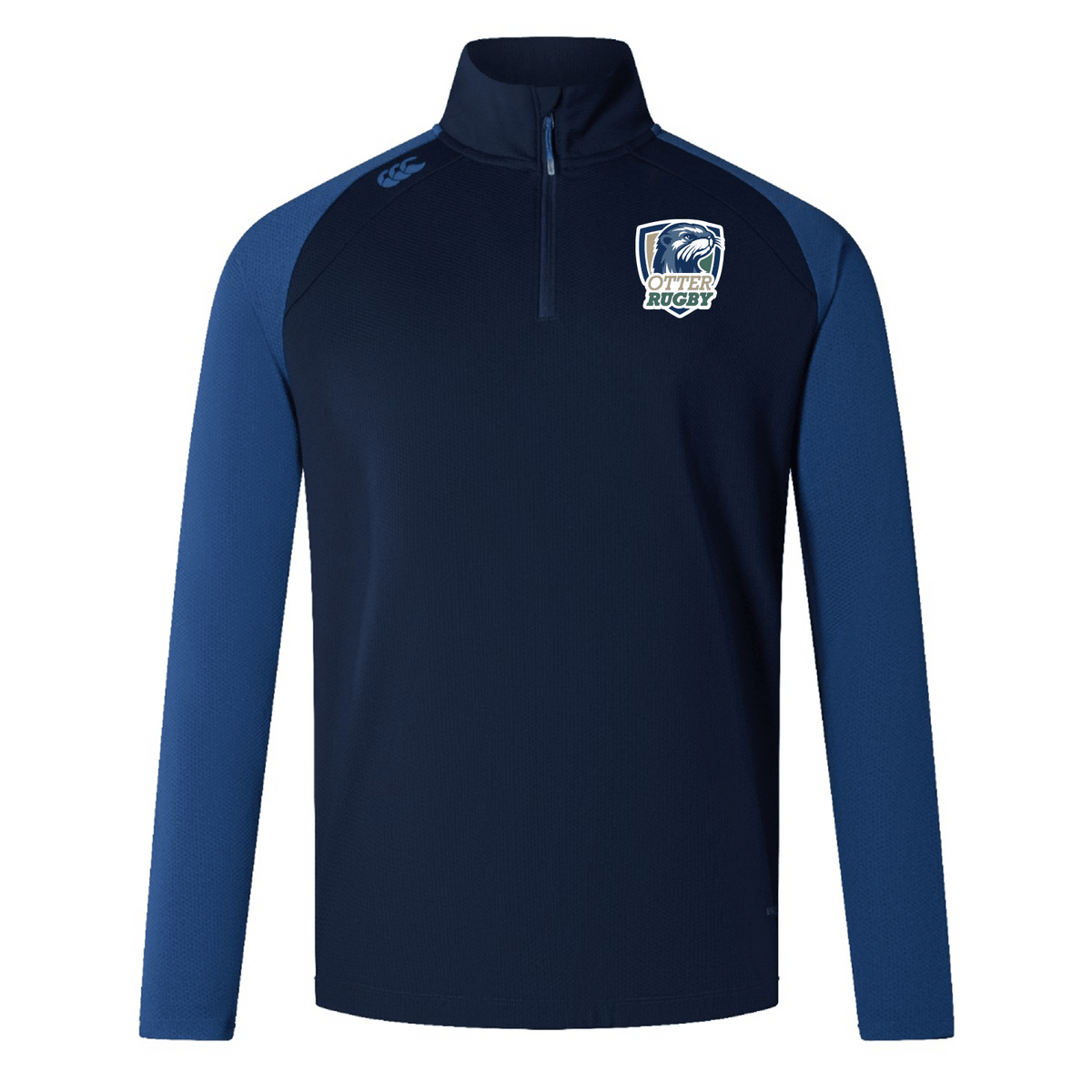 A long-sleeve EMB Canterbury rugby pullover with zip, featuring a CSU Monterey Bay Otter Rugby Women's Elite First Layer dark blue body, lighter blue sleeves made of honeycomb fabric, and a logo on the left chest.
