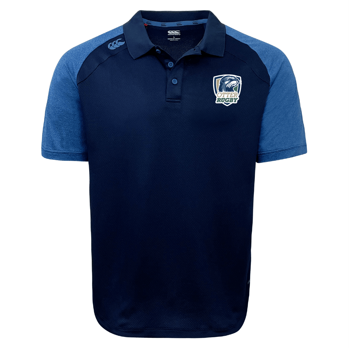 Bi-color CSU Monterey Bay Otter Rugby Elite Polo with a collar, featuring an embossed EMB Canterbury logo on the right chest and a sportswear brand logo on the right sleeve.