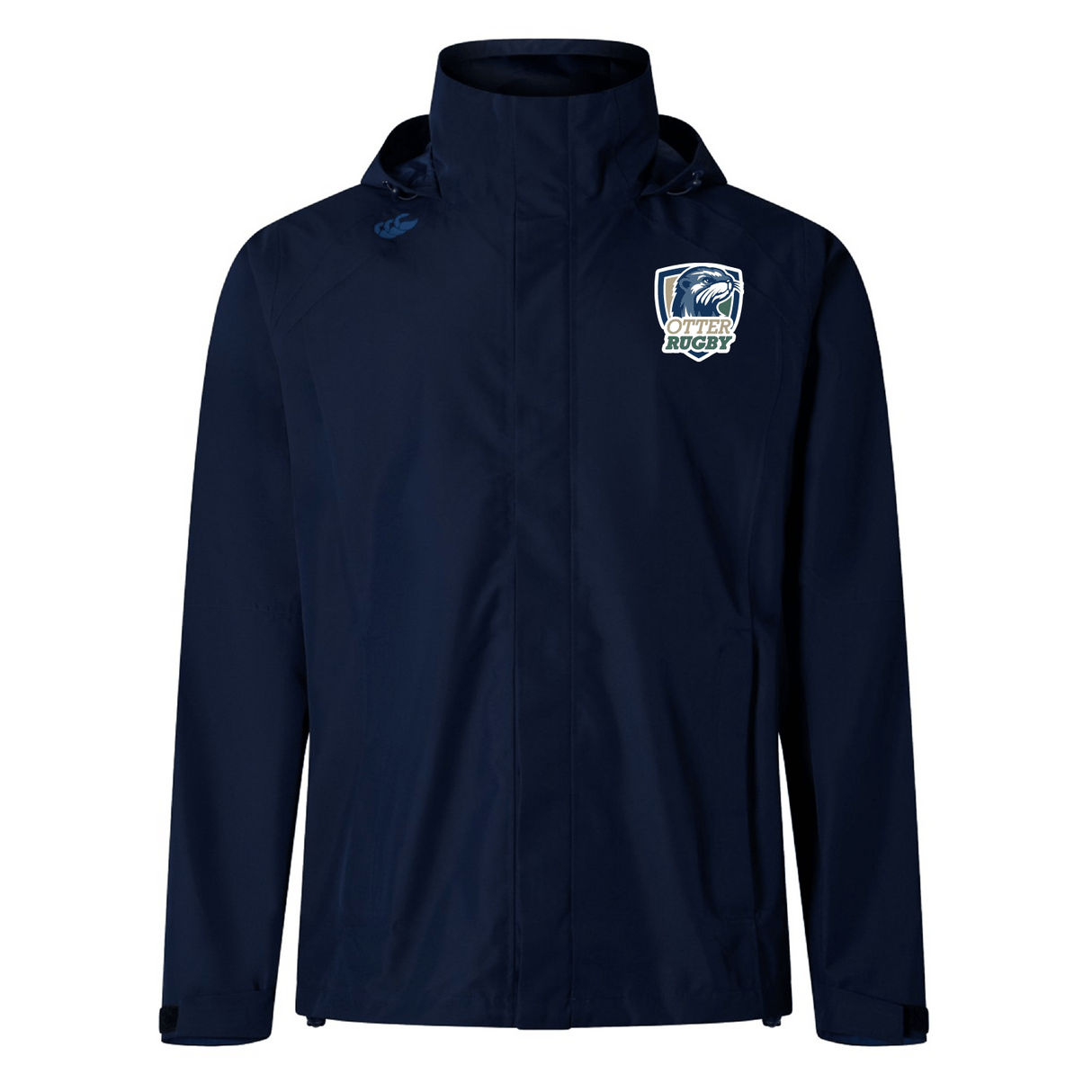 Navy blue waterproof sports jacket with a hood and the CSU Monterey Bay Otter Rugby team logo on the left chest, isolated on a white background, by EMB Canterbury.