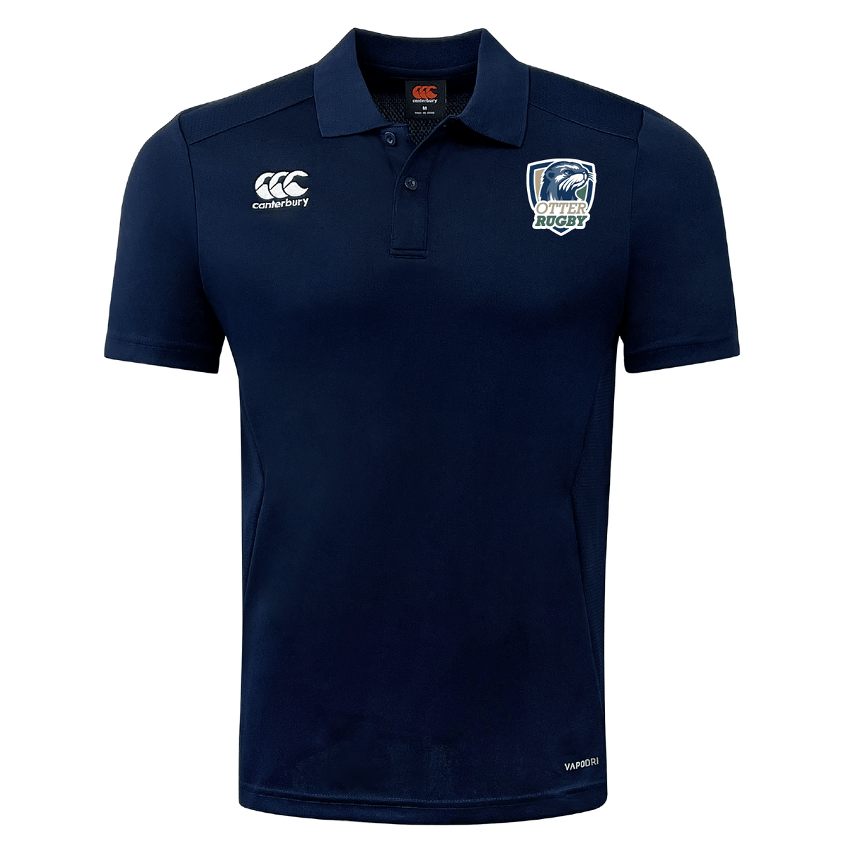 Navy blue breathable CSU Monterey Bay Otter Rugby Club Dry polo featuring a white EMB Canterbury logo on the right chest and a rugby team emblem on the left.