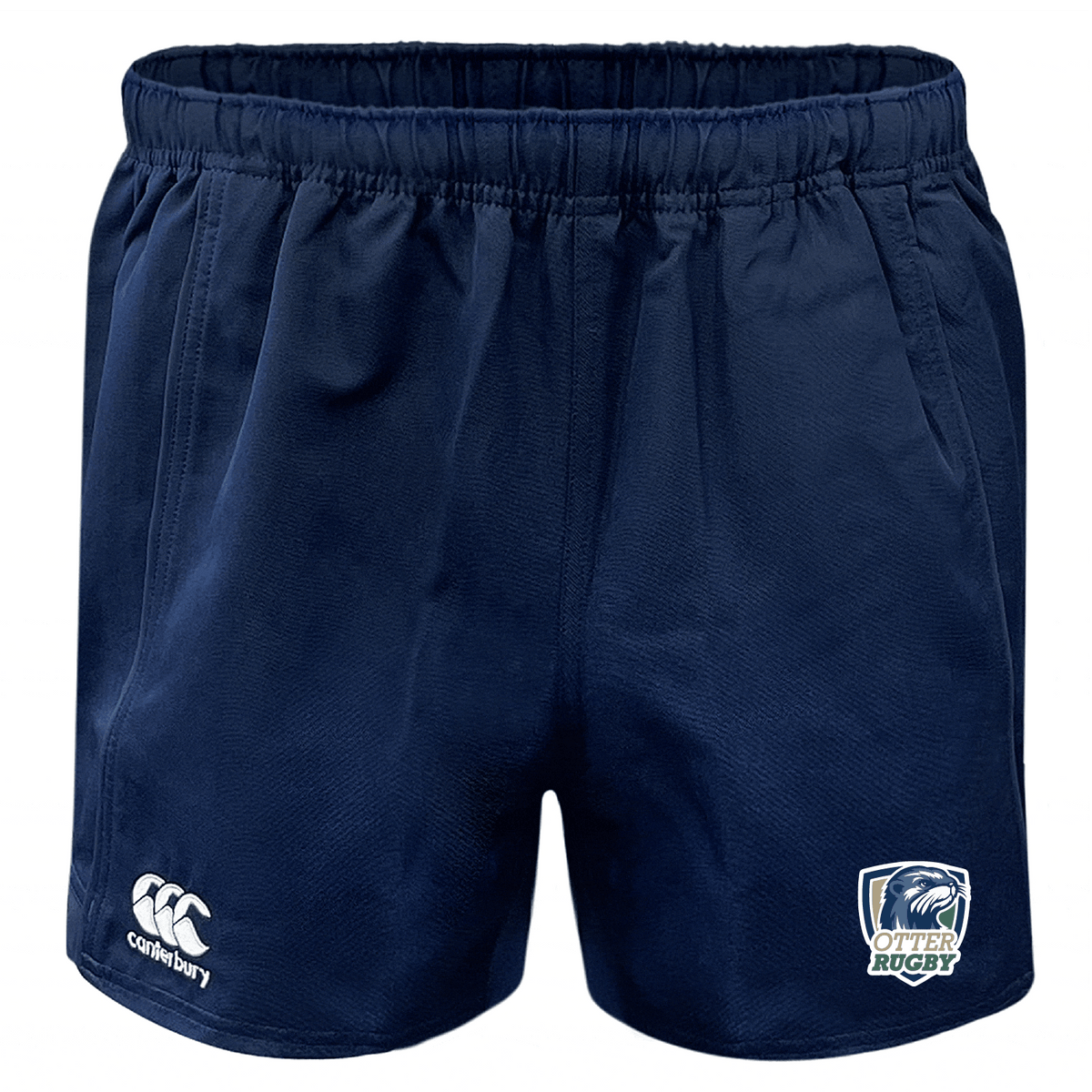 Navy blue EMB Canterbury Advantage Rugby Shorts with an elastic waistband and logos for EMB Canterbury and CSU Monterey Bay Otter Rugby on the left leg, made from moisture wicking fabric.