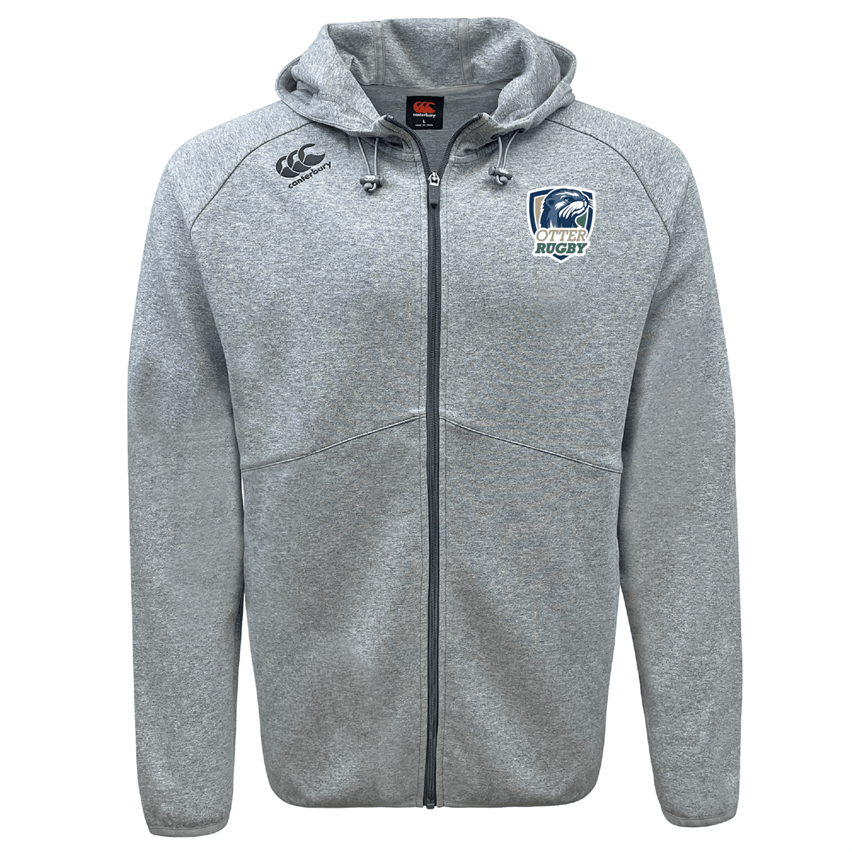 Gray full-zip hoodie with CSU Monterey Bay Otter Rugby logos on the chest, displayed on a plain background by EMB Canterbury.
